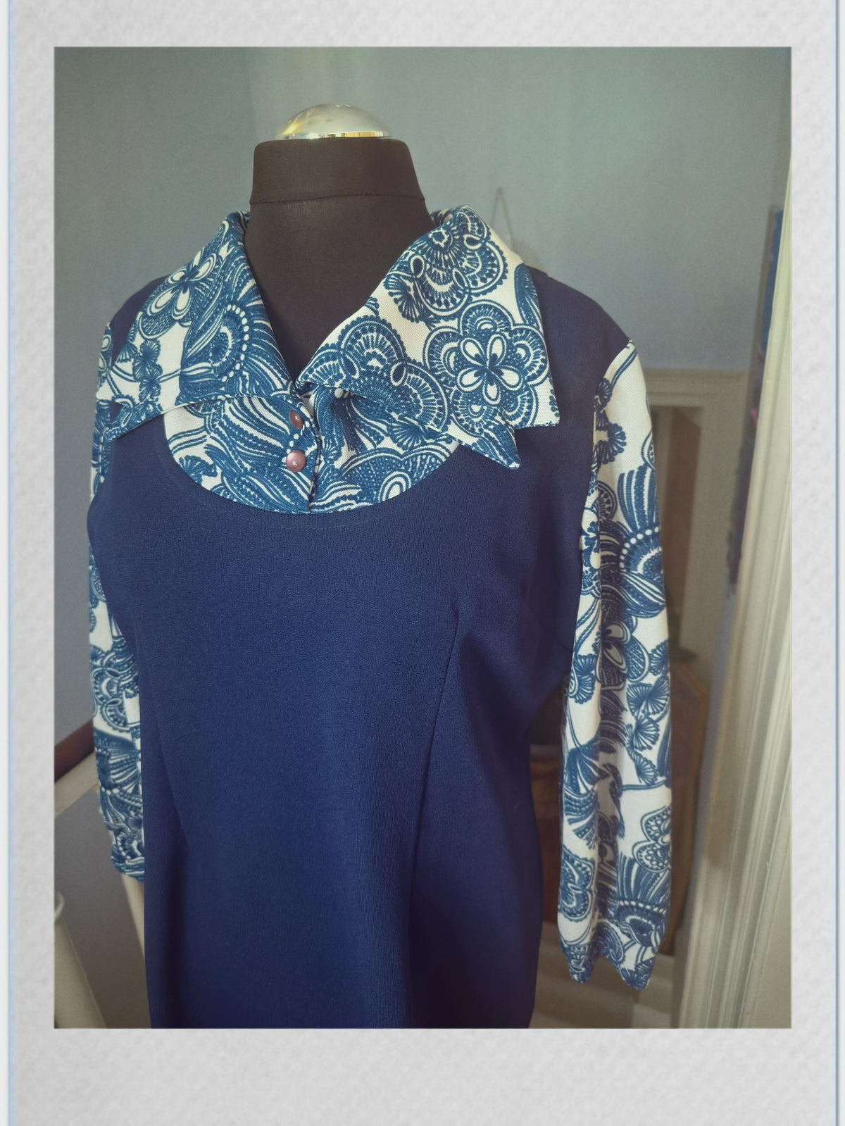 Vintage Crimplene Navy and Floral Dress