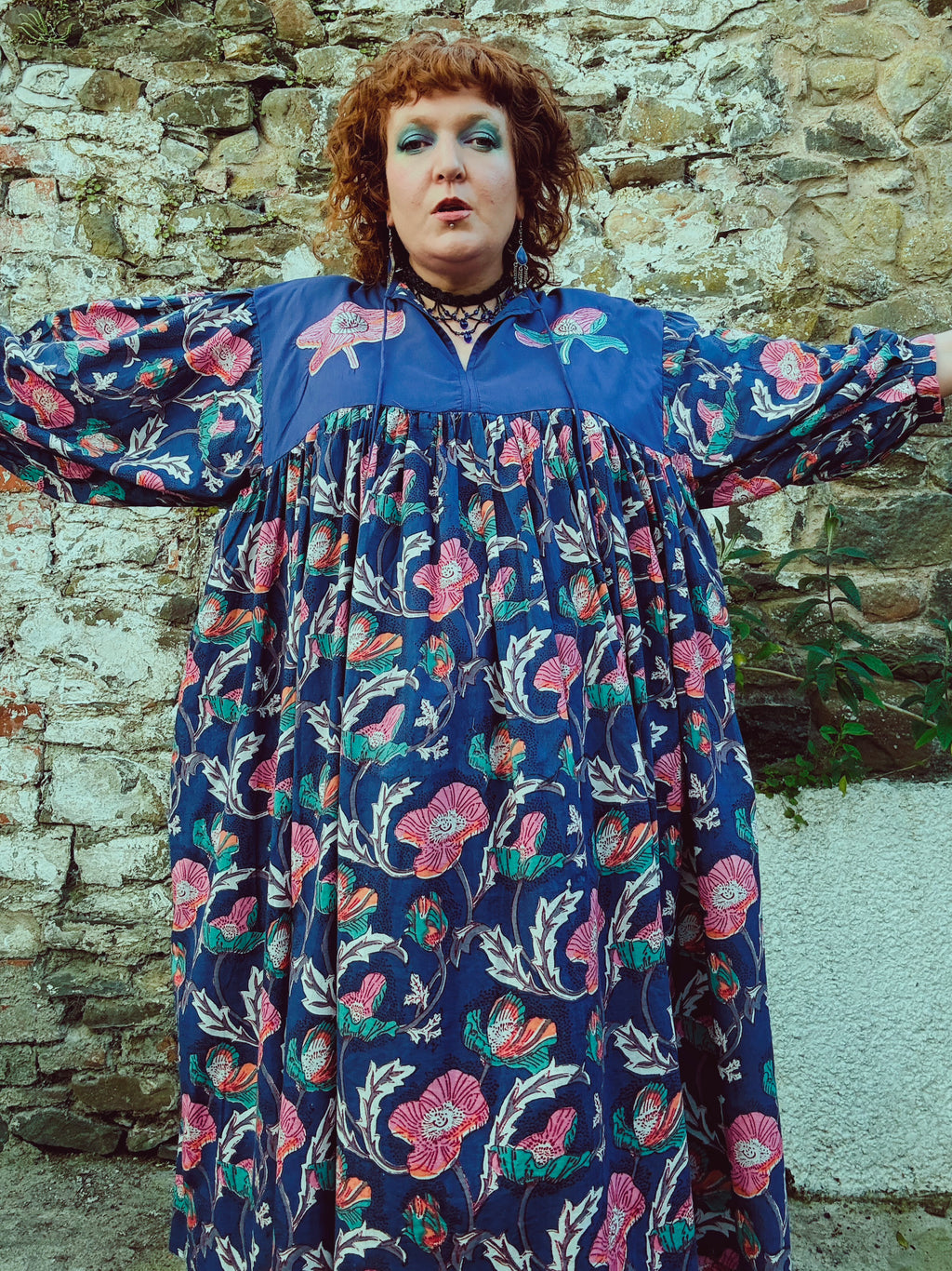 Flora Morphic Block Print & Embroidered Smock Dress