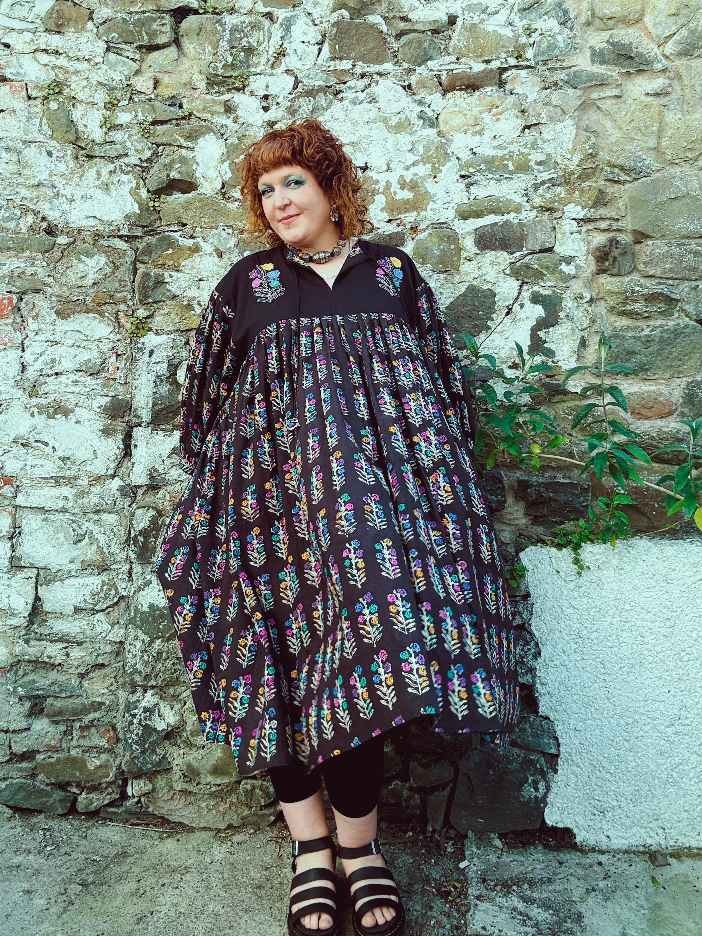 Dopamine Queen Block Print & Embroidered Smock Dress