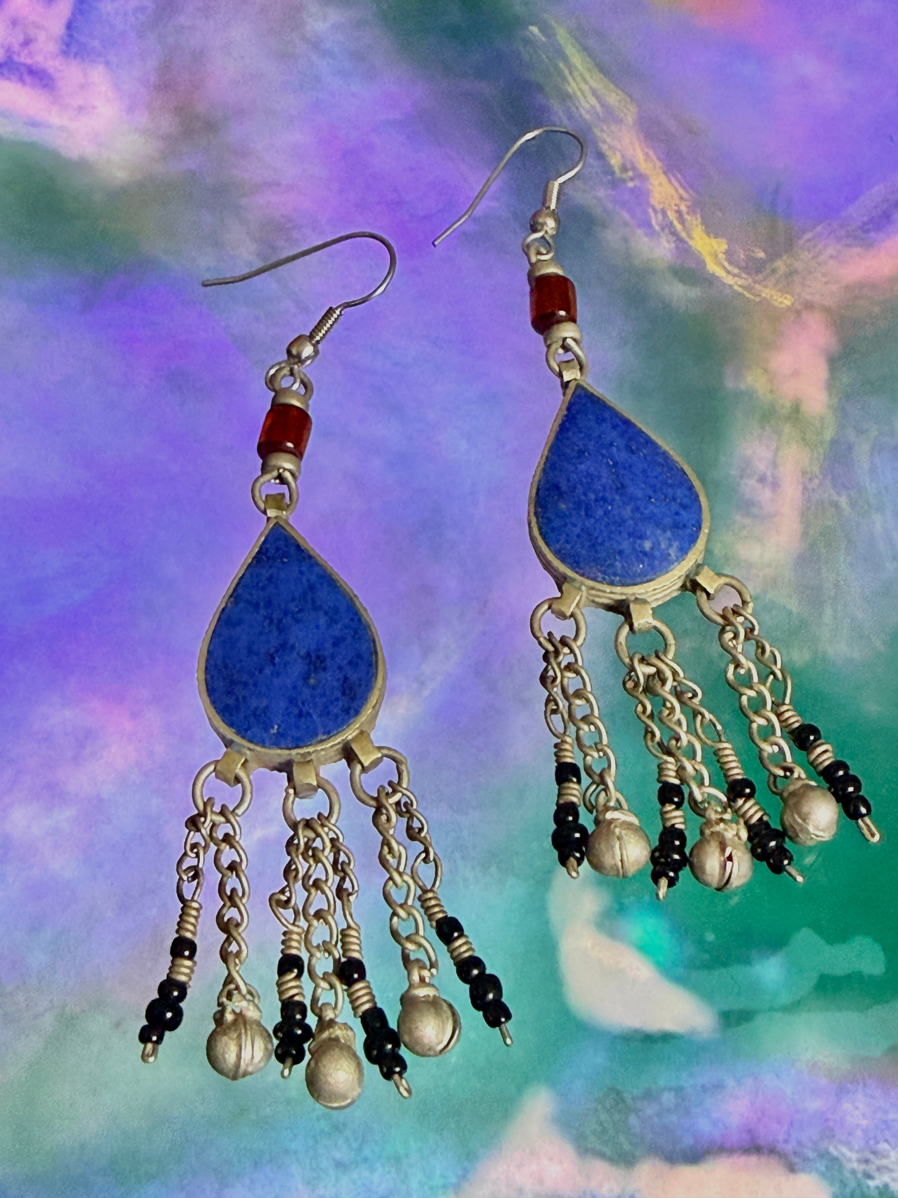 Vintage Tribal Lapis Lazuli Teardrop Earrings