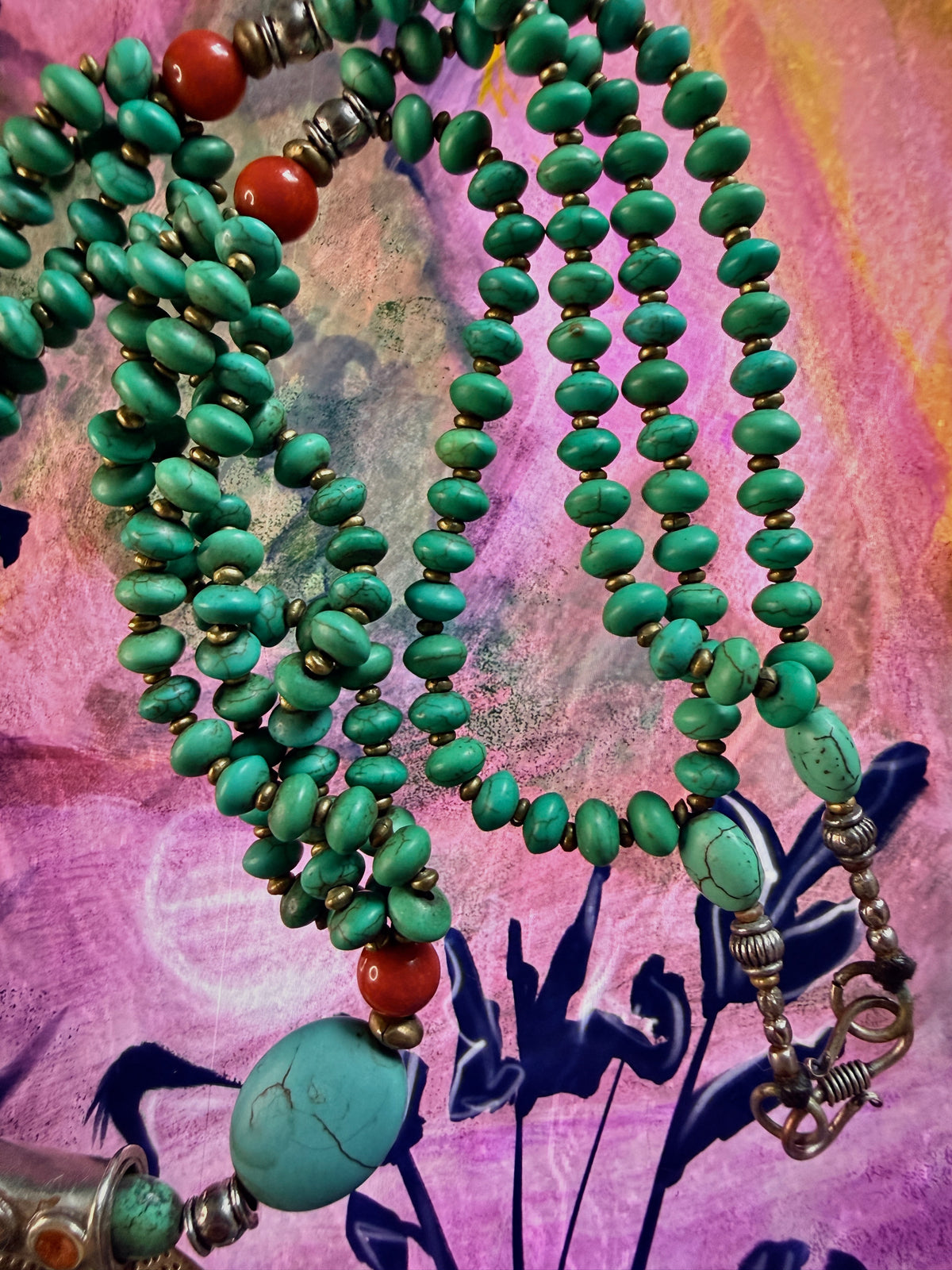 Vintage Himalayan Hand-Hammered Sunburst Necklace-Genuine Green Turquoise & Natural Coral