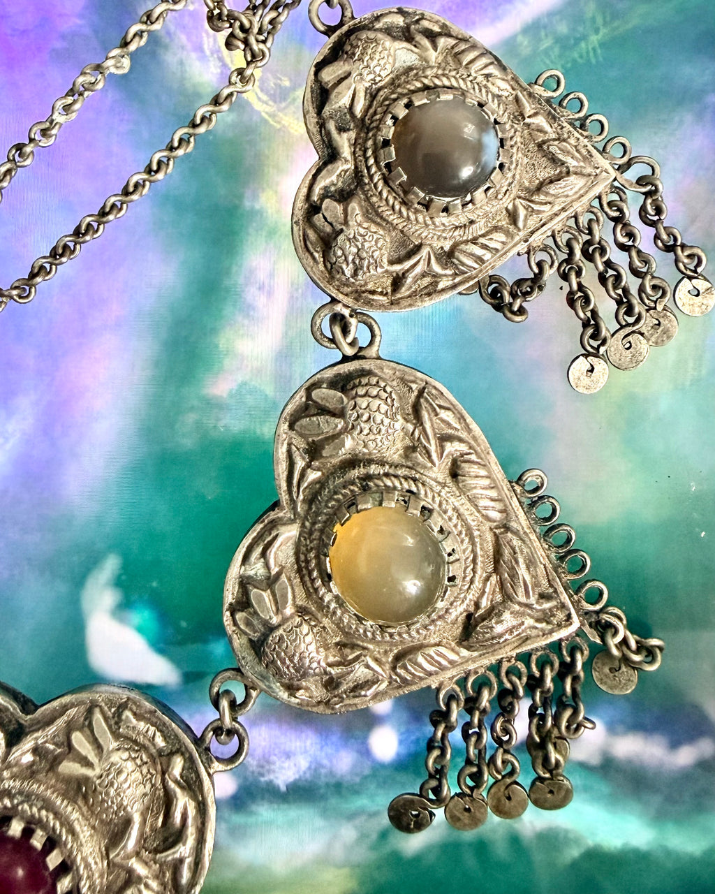Vintage Turkmen Silver Heart Tribal Asyk Statement Necklace