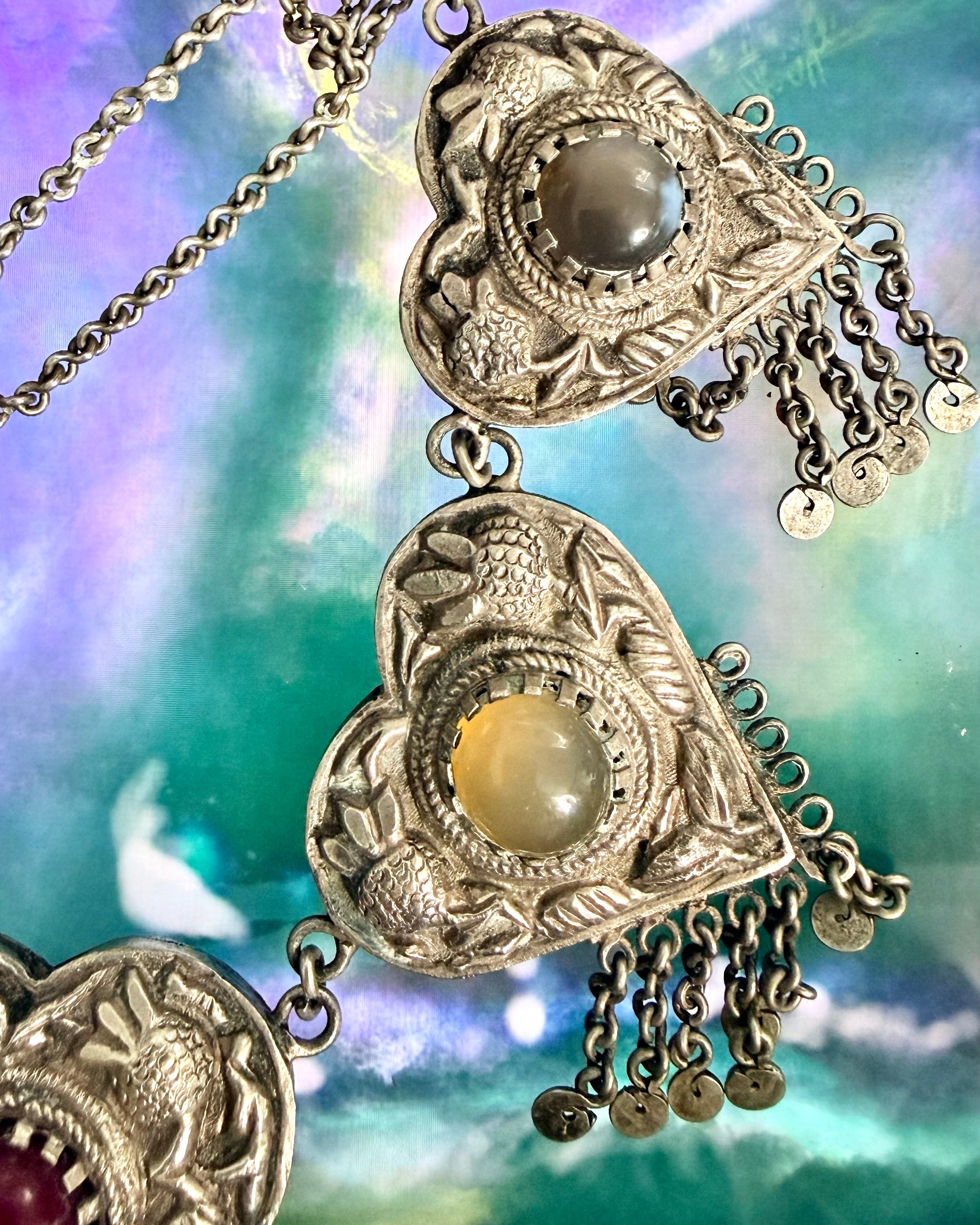 Vintage Turkmen Silver Heart Tribal Asyk Statement Necklace
