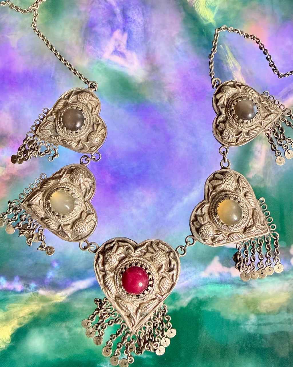 Vintage Turkmen Silver Heart Tribal Asyk Statement Necklace