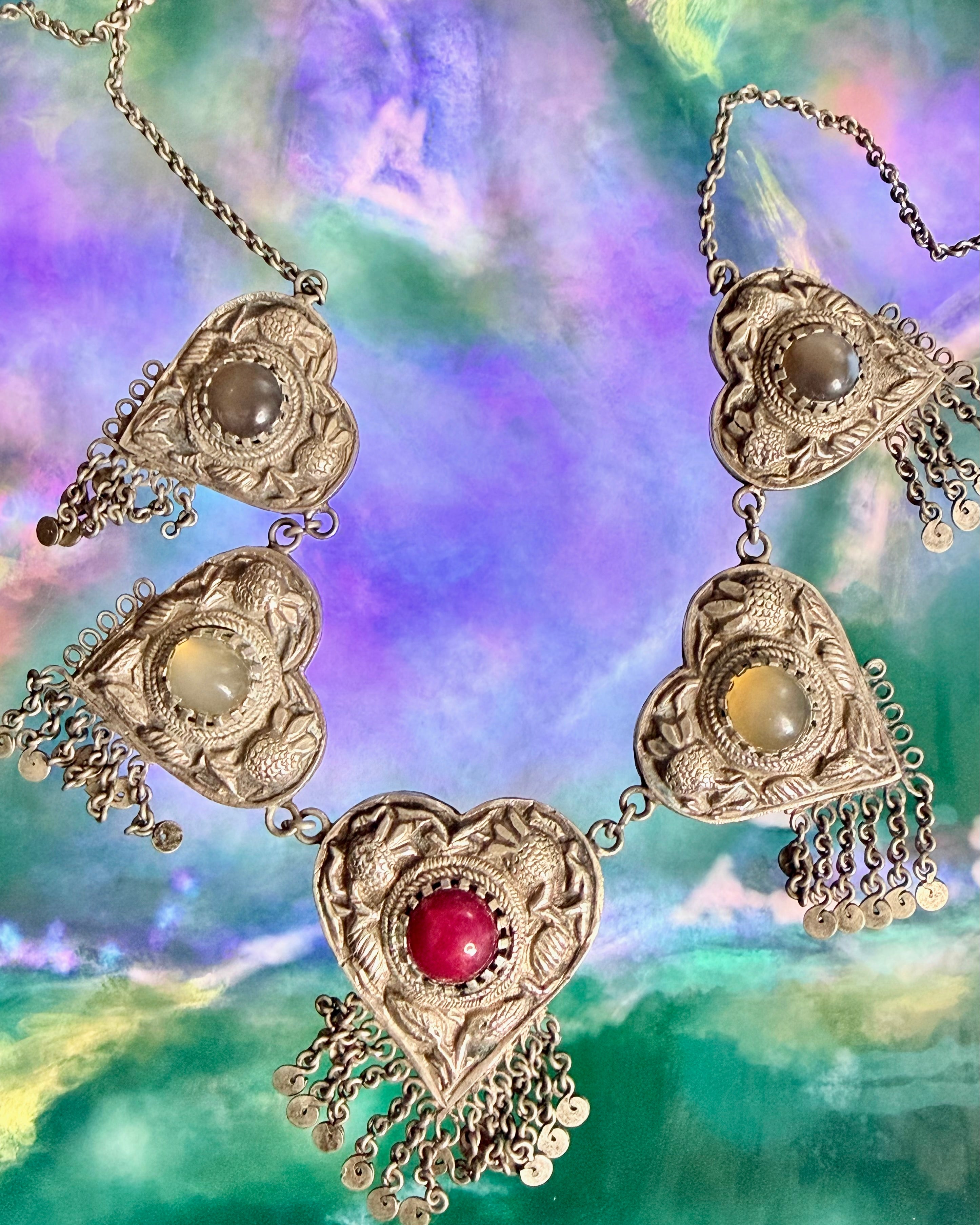 Vintage Turkmen Silver Heart Tribal Asyk Statement Necklace