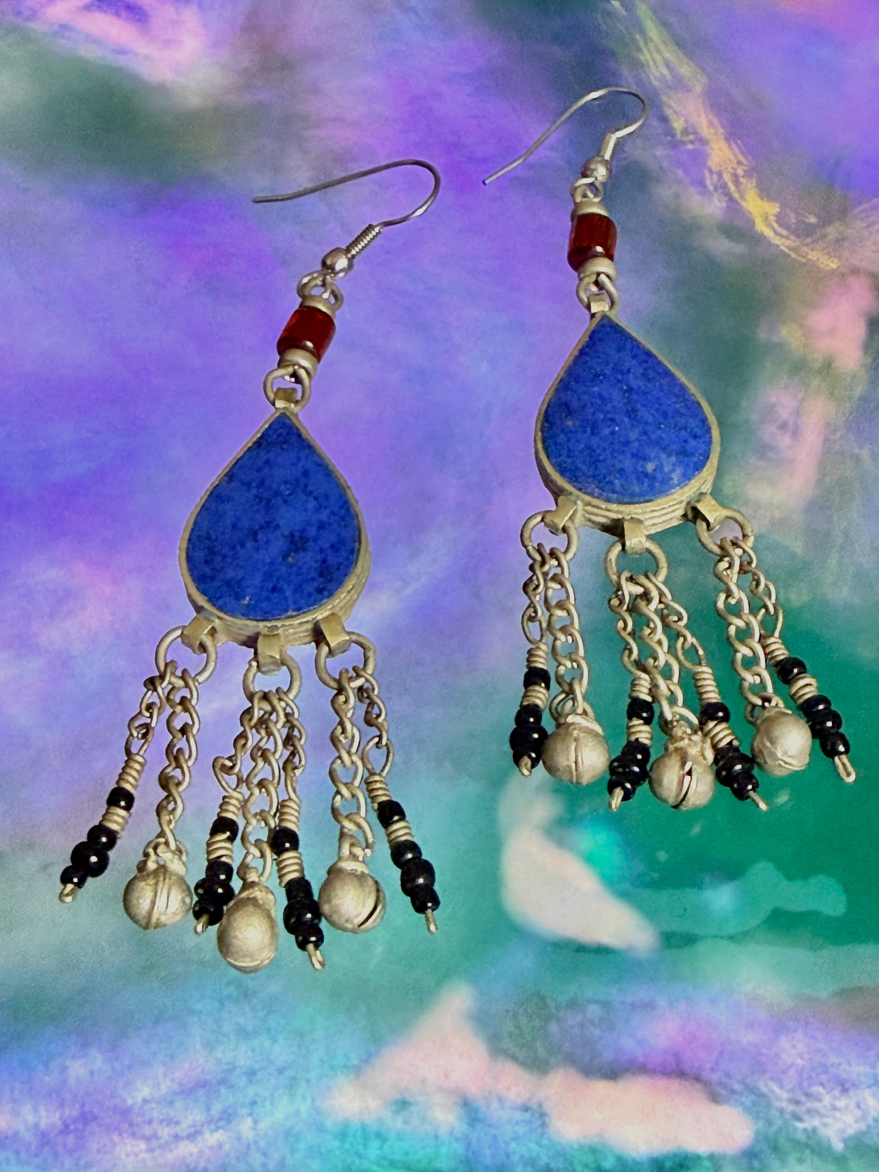 Vintage Tribal Lapis Lazuli Teardrop Earrings