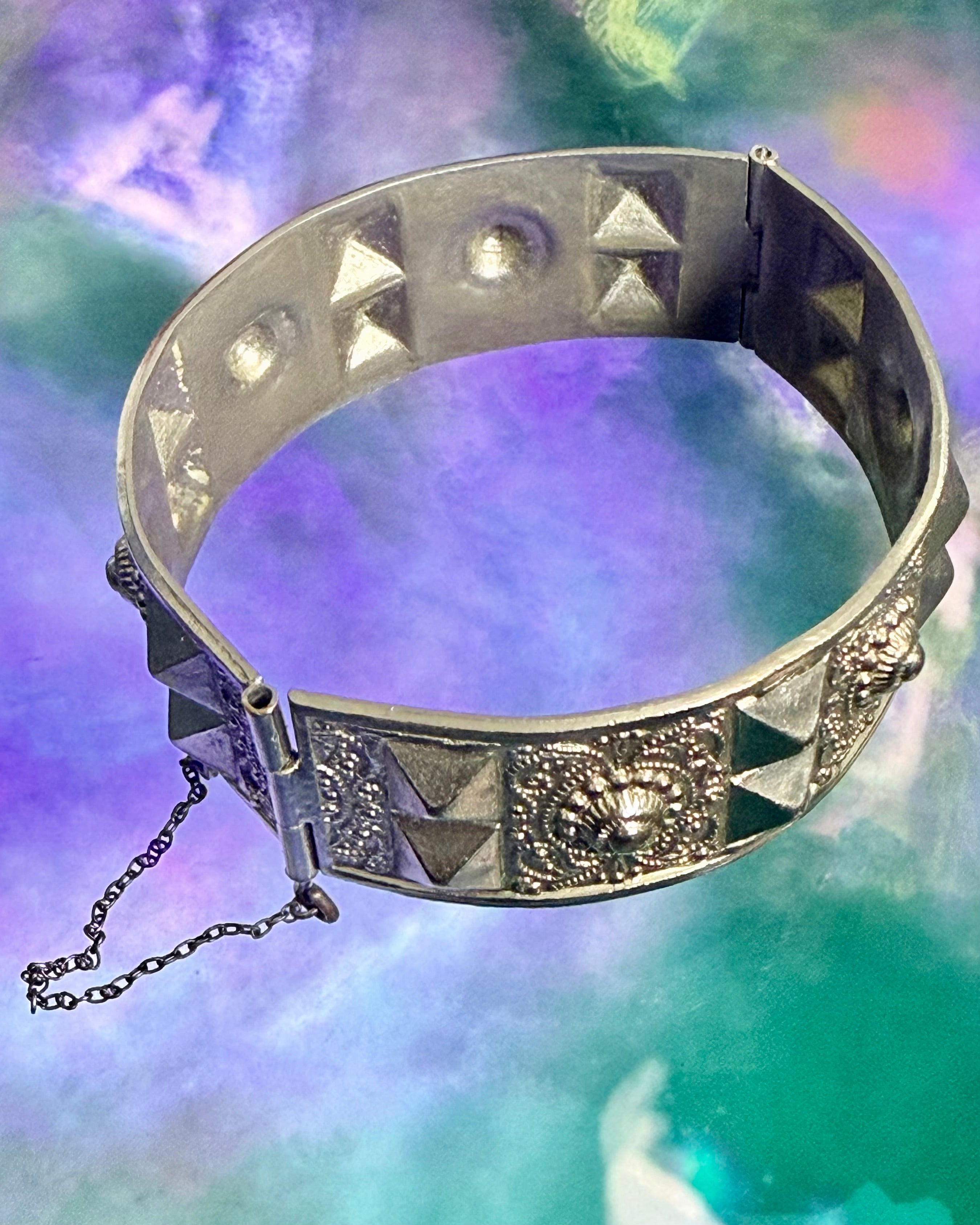 Vintage Ornate Silver Metal Panel Cuff Bracelet