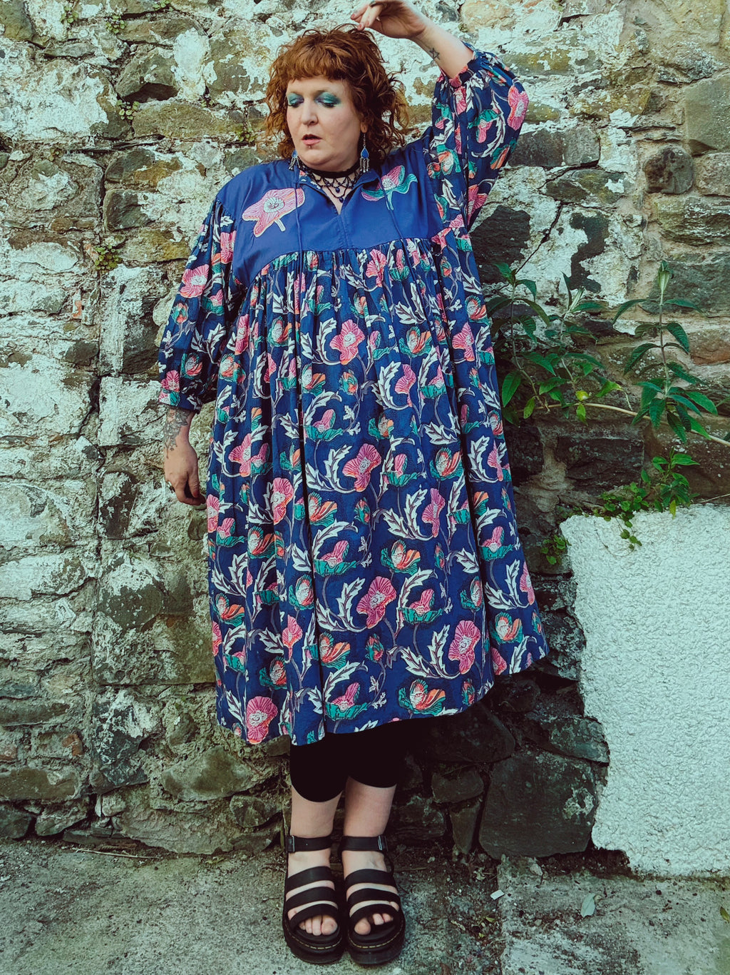 Flora Morphic Block Print & Embroidered Smock Dress