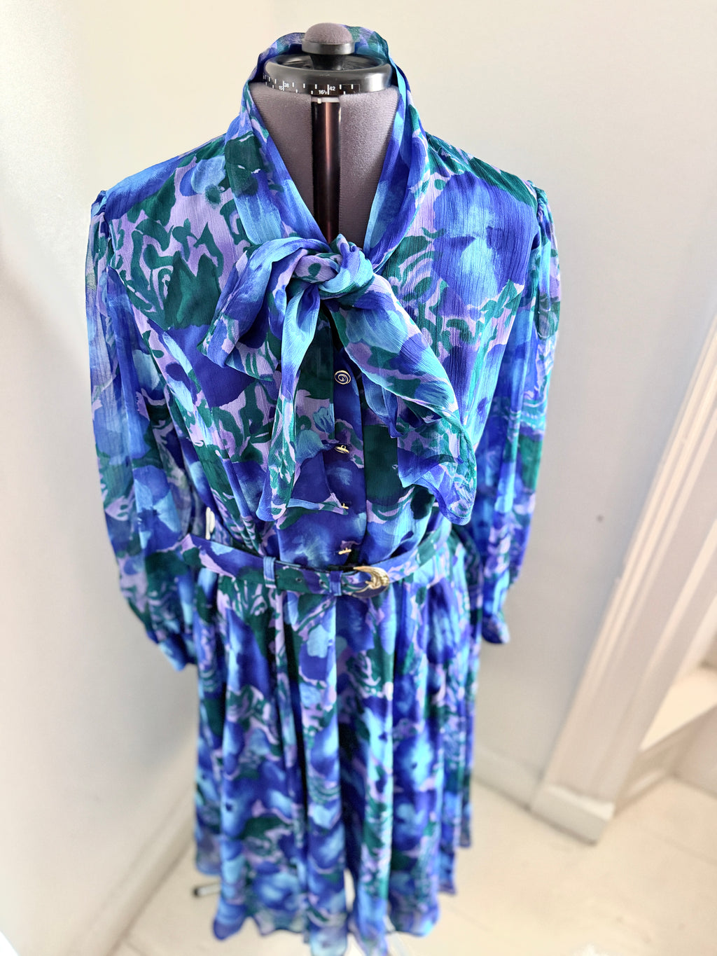 80s Stunning Blue Floral Designer Dress