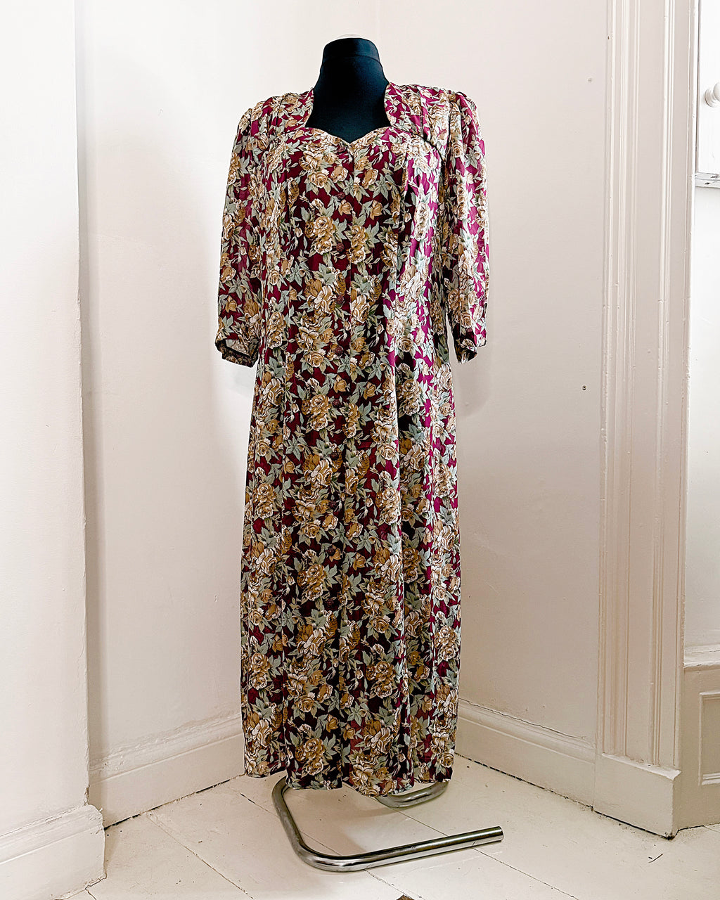 80s Floral Semi Sheer Button Up Dress