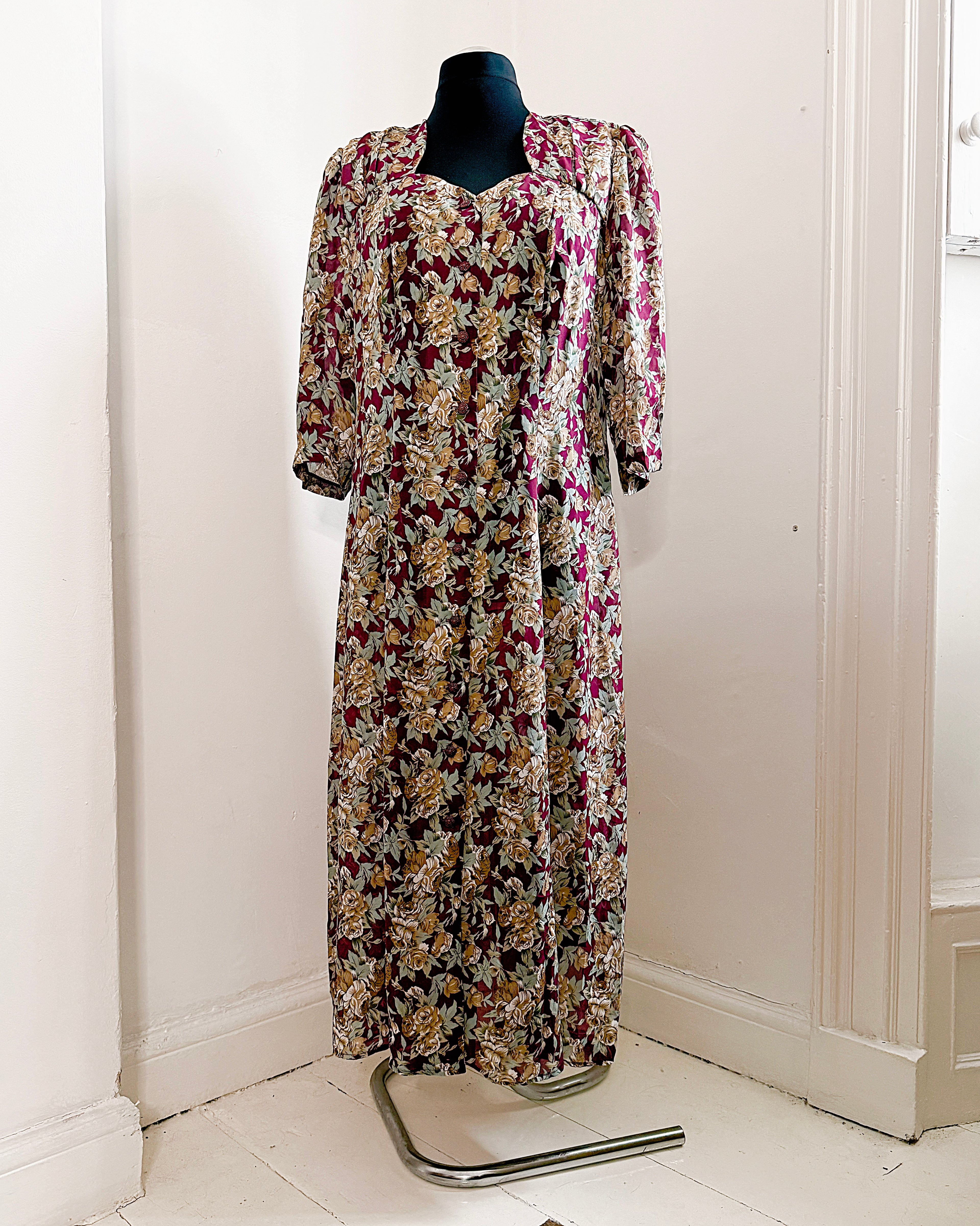 80s Floral Semi Sheer Button Up Dress