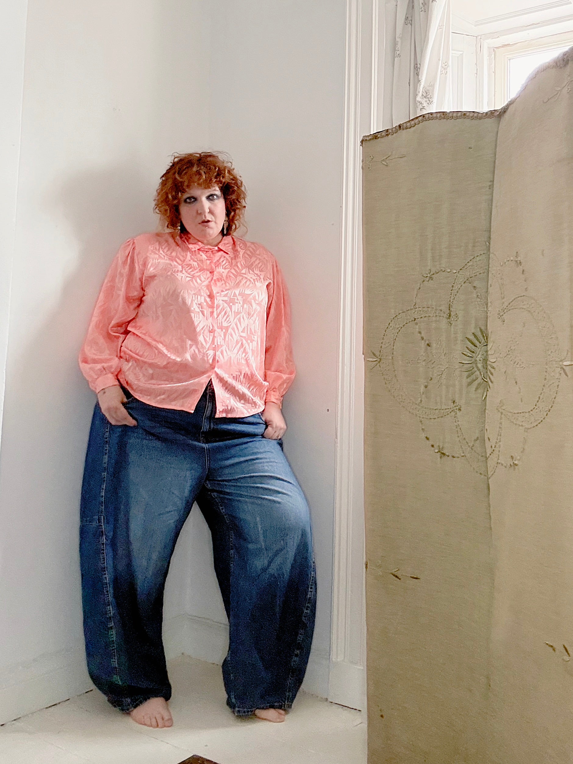 80’s satin peach blouse