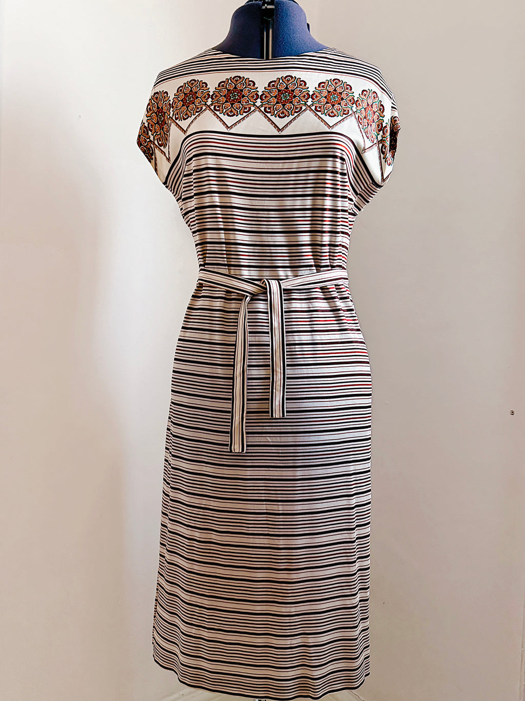 70s Ornate & Striped Midi Dress
