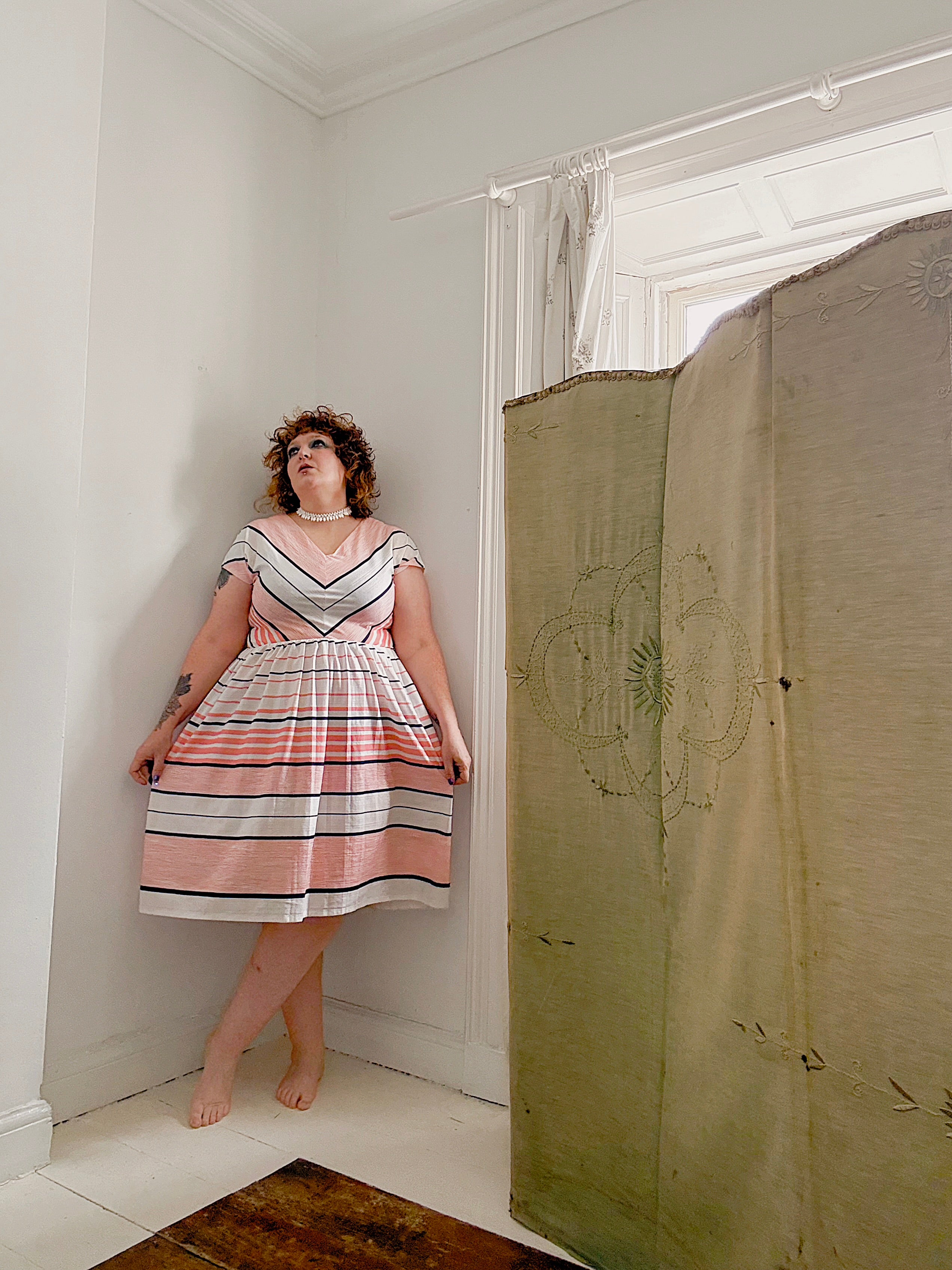 80s Peach & White Stripe Dress