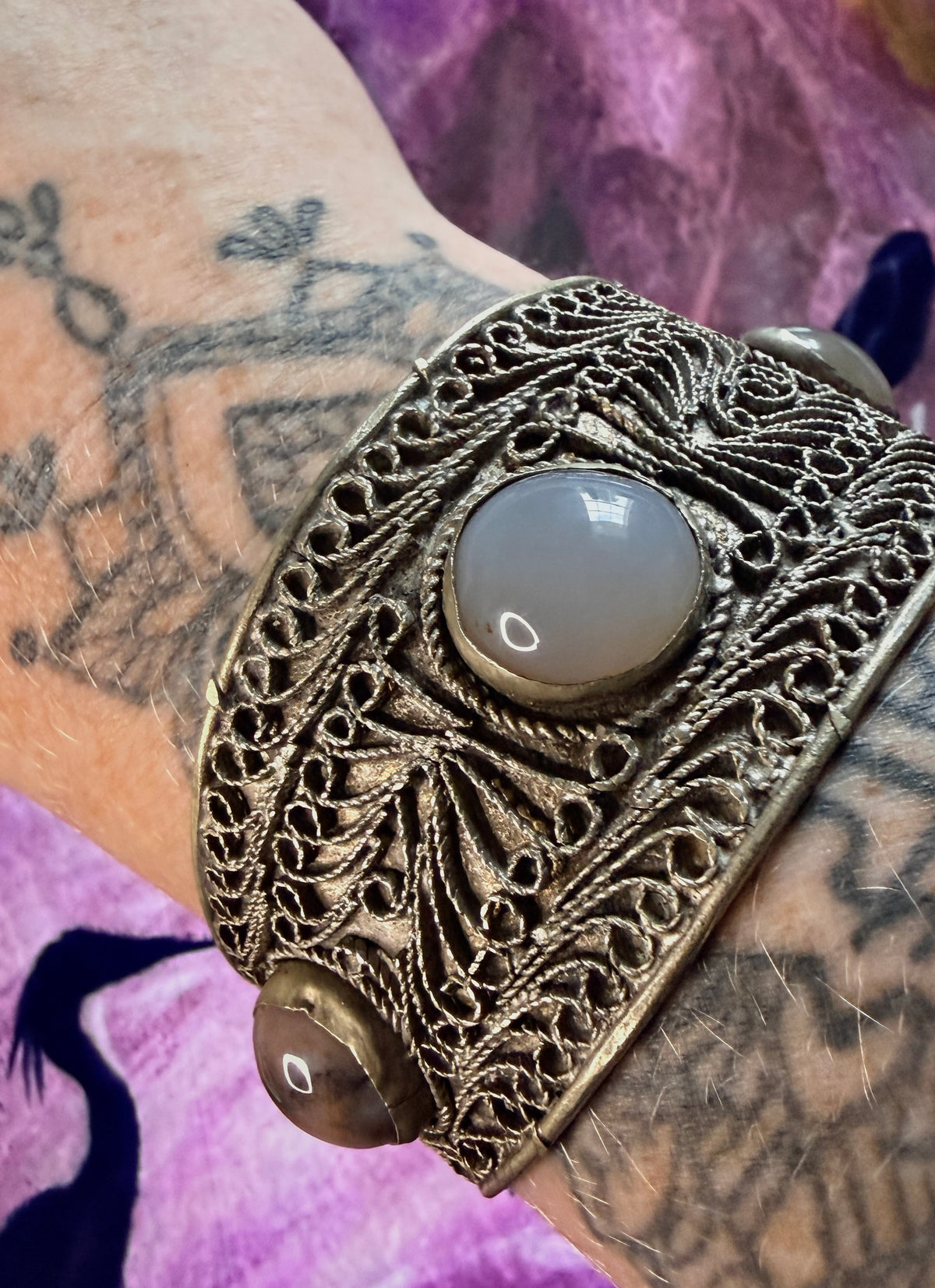 Vintage Yemeni Filigree Cuff Bracelet with Agate Stones