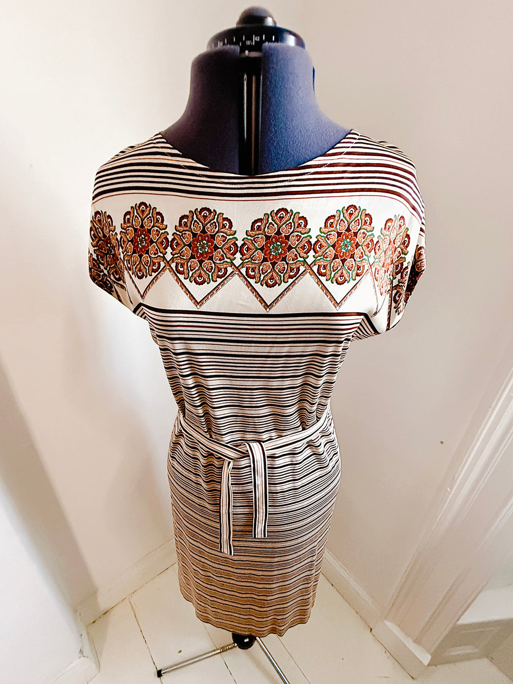 70s Ornate & Striped Midi Dress