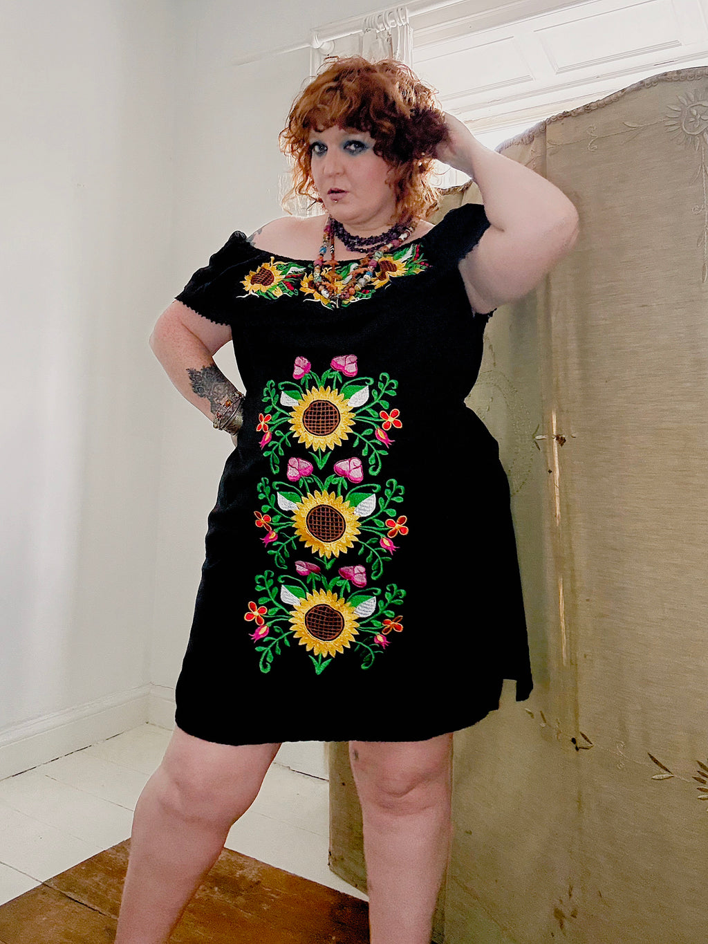 Vintage Sunflower Embroidered Mexican Dress