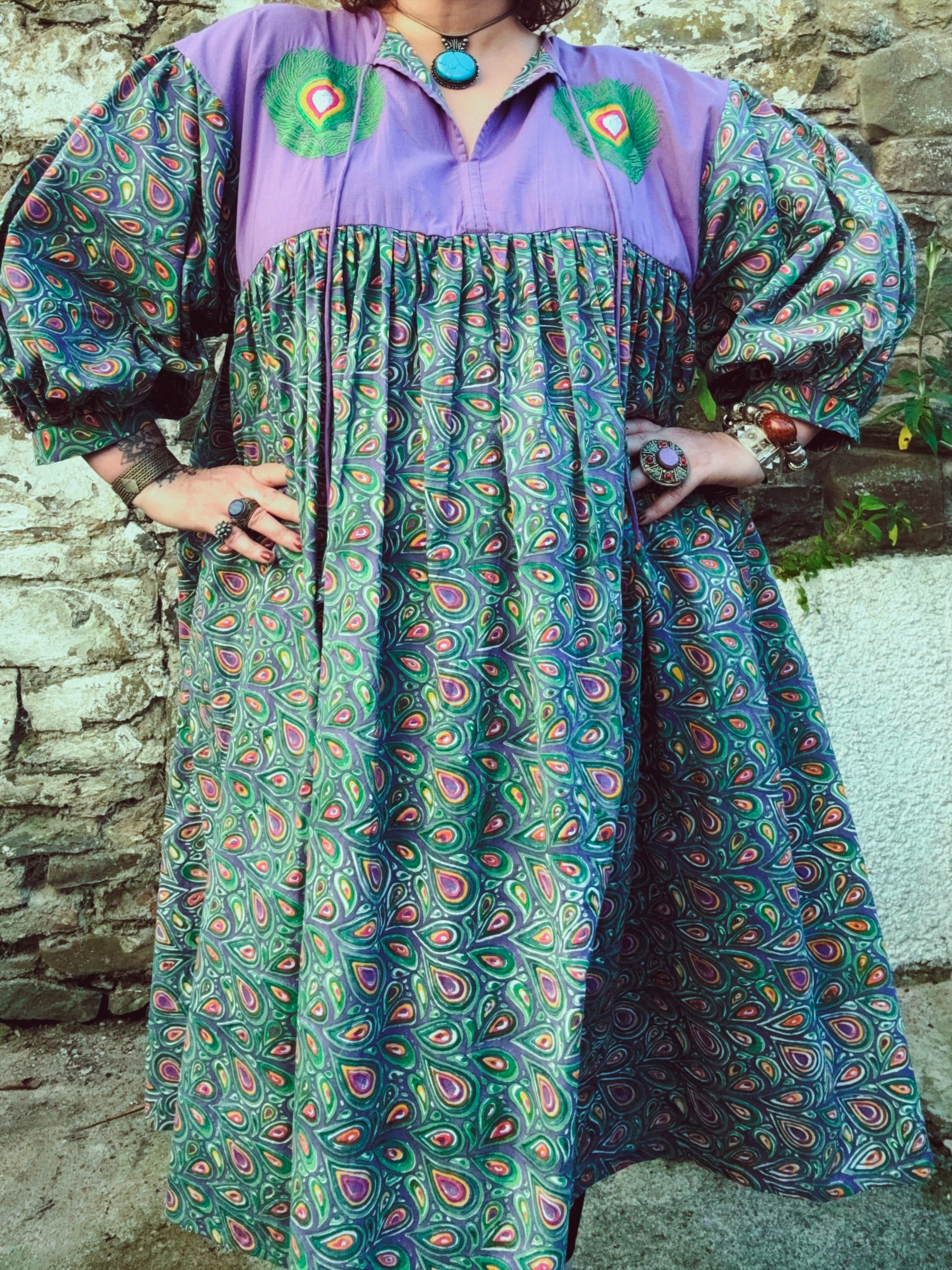 Peacock Maiden Block Print & EmbroideredSmock Dress