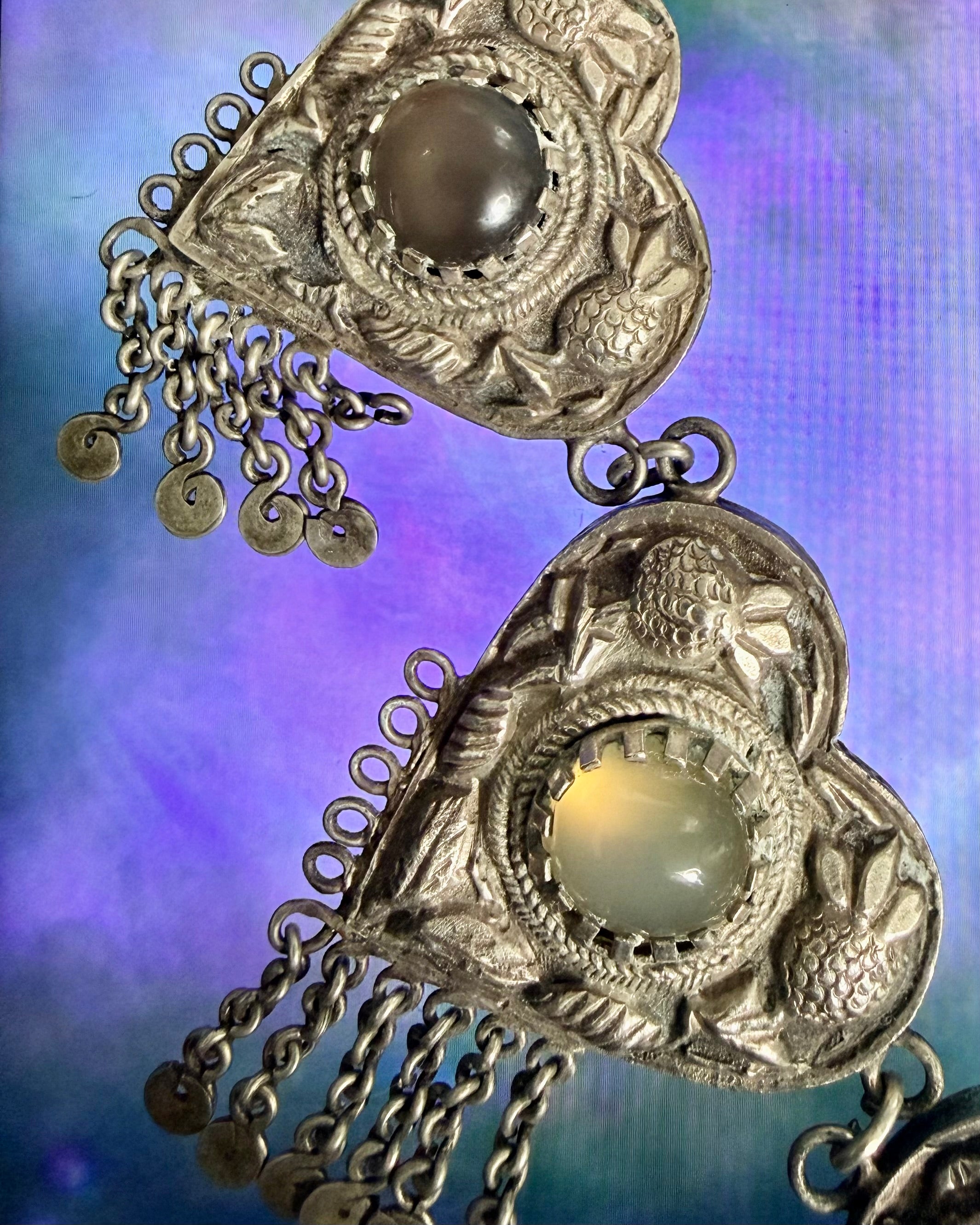 Vintage Turkmen Silver Heart Tribal Asyk Statement Necklace