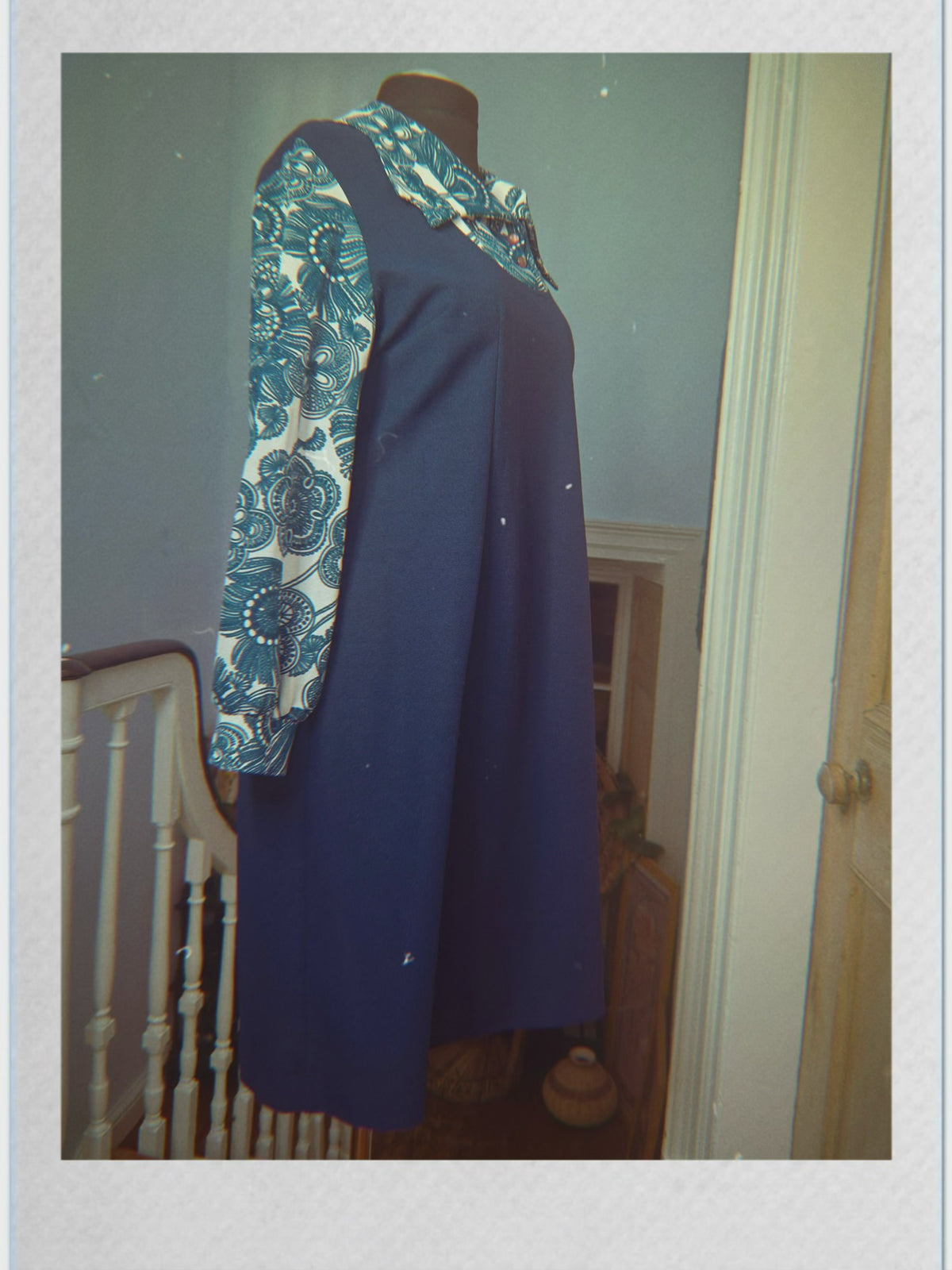 Vintage Crimplene Navy and Floral Dress