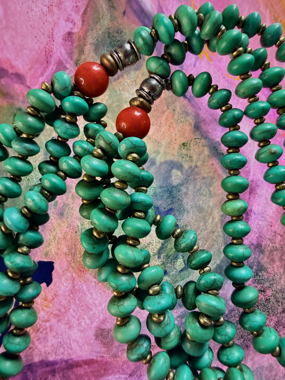 Vintage Himalayan Hand-Hammered Sunburst Necklace-Genuine Green Turquoise & Natural Coral