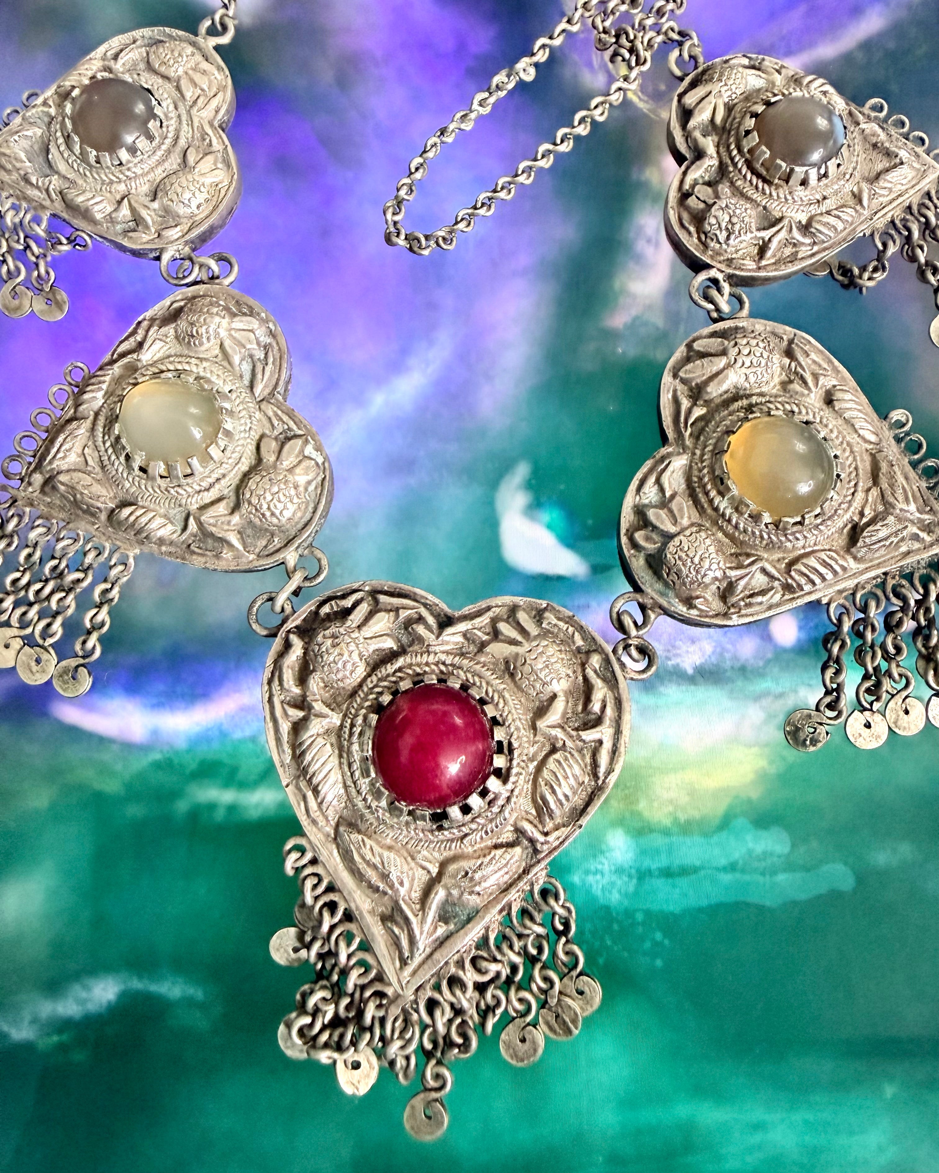 Vintage Turkmen Silver Heart Tribal Asyk Statement Necklace