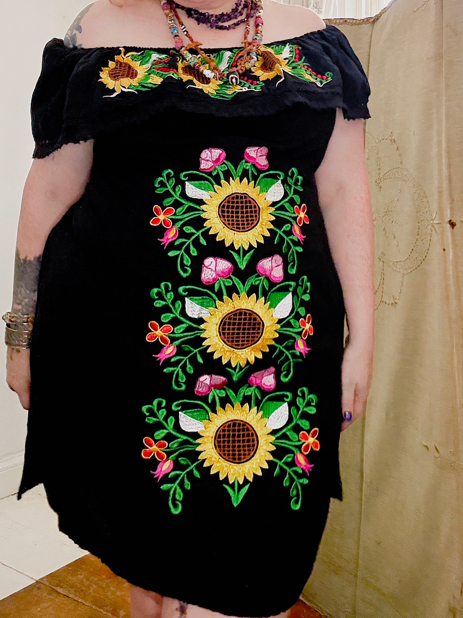 Vintage Sunflower Embroidered Mexican Dress
