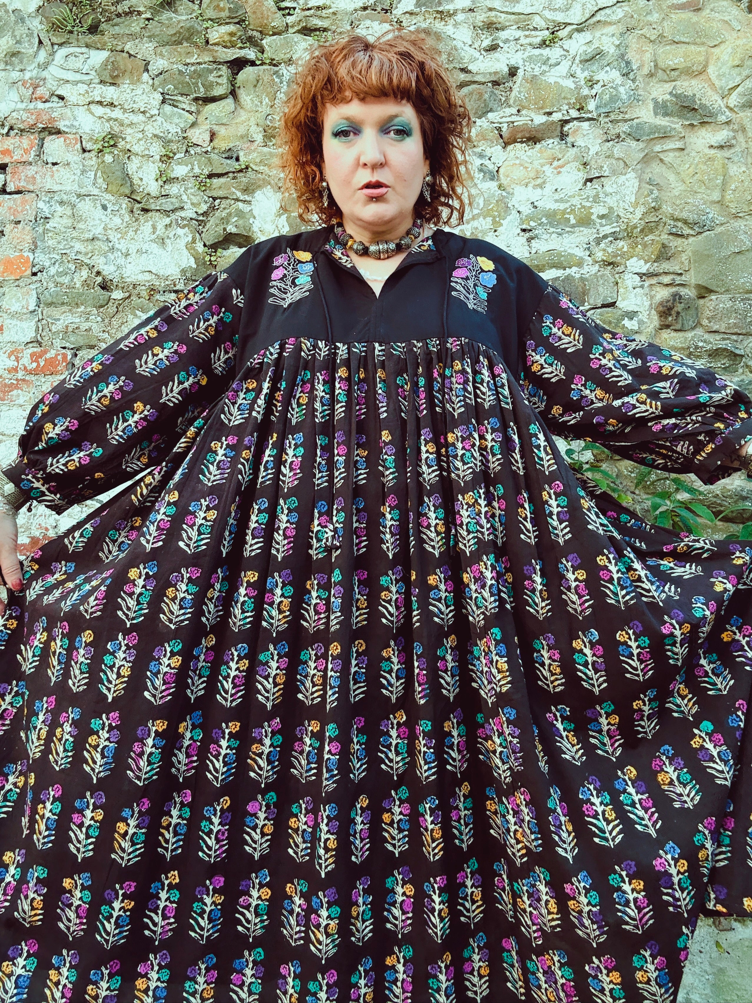 Dopamine Queen Block Print & Embroidered Smock Dress