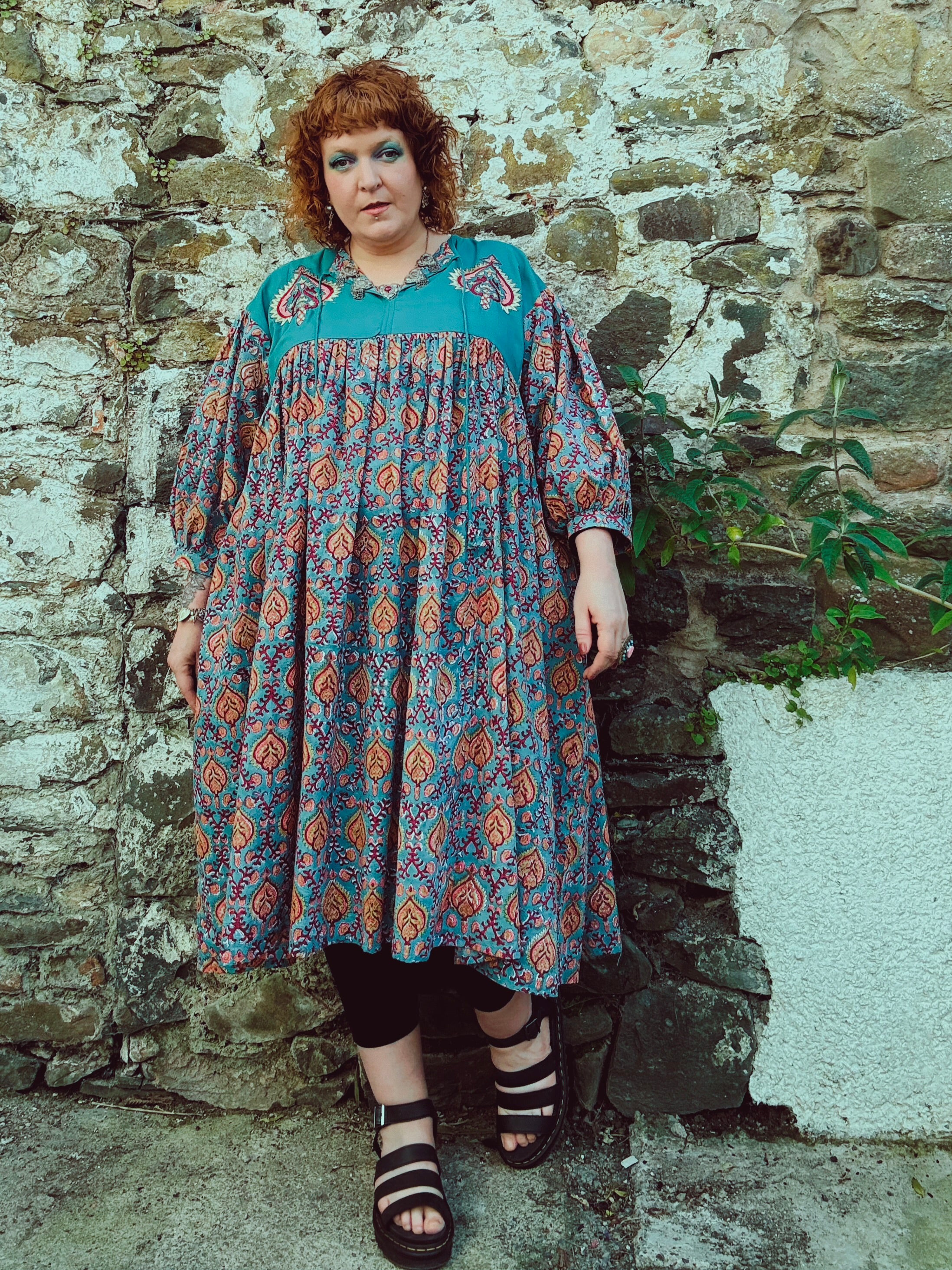 Heart Crafter Block Print & Embroidered Smock Dress