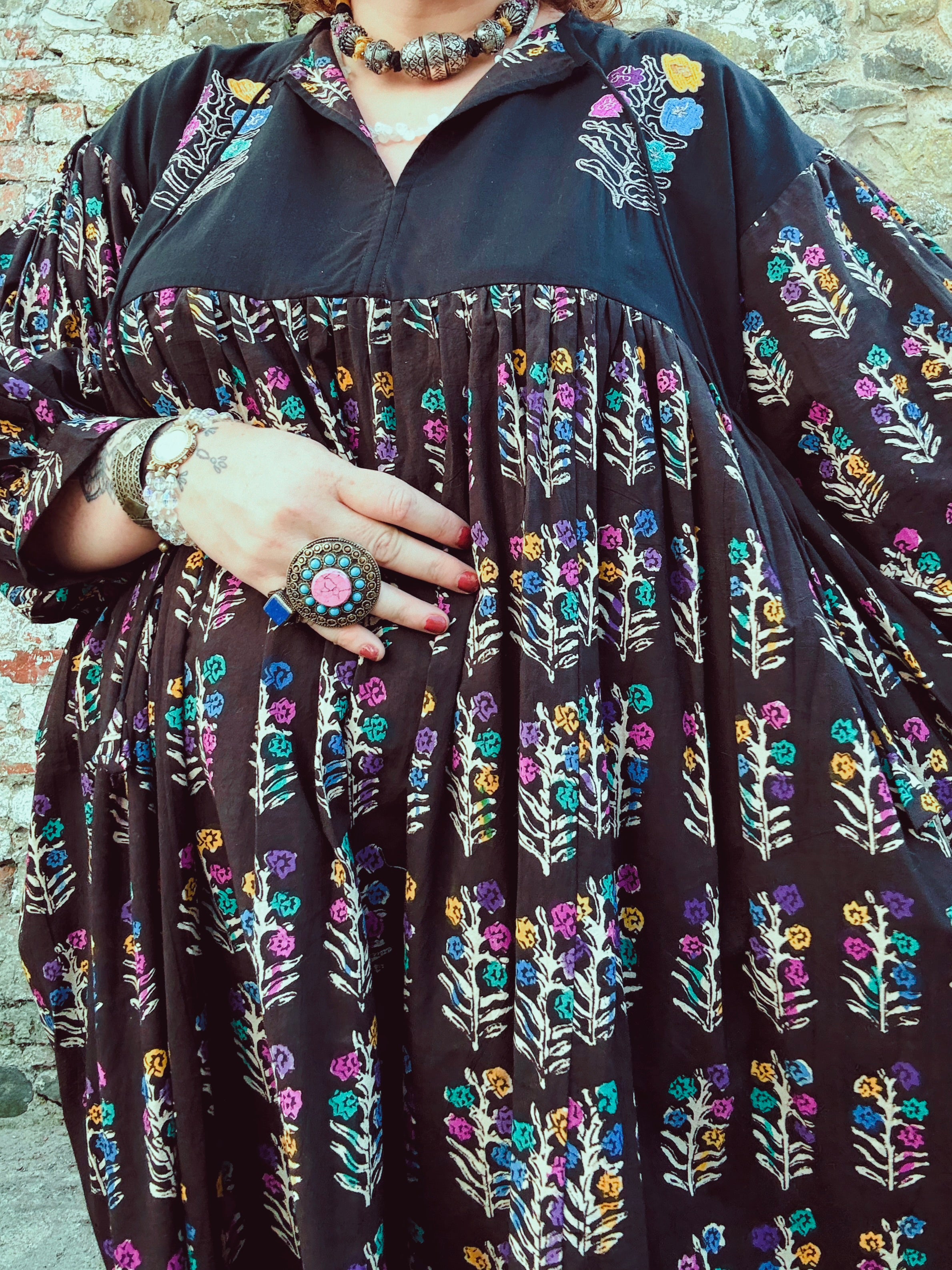 Dopamine Queen Block Print & Embroidered Smock Dress