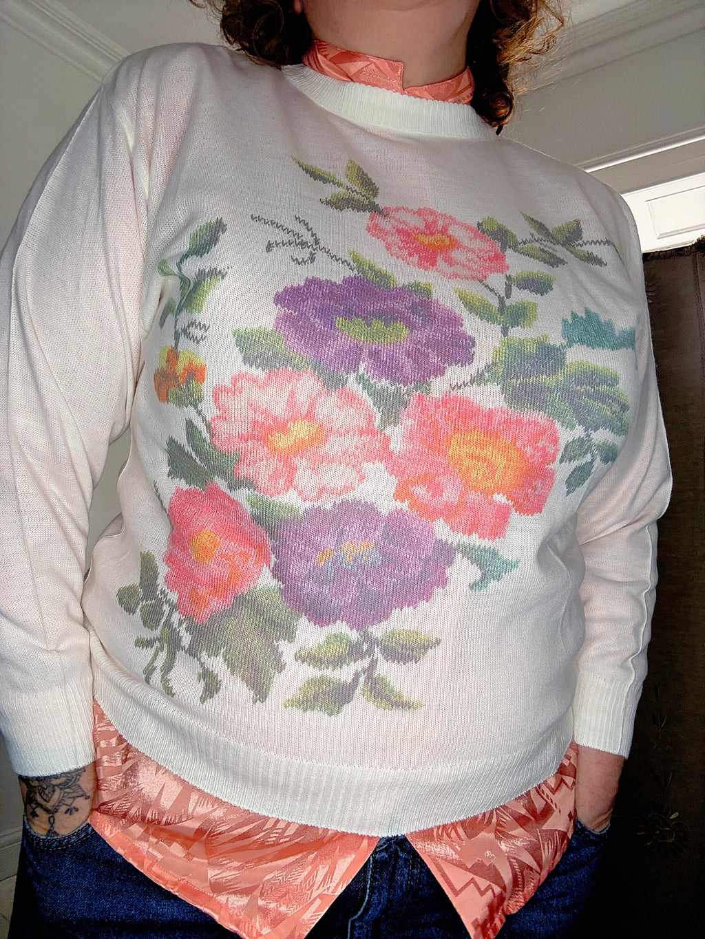 Cute 80s Floral Print Jumper