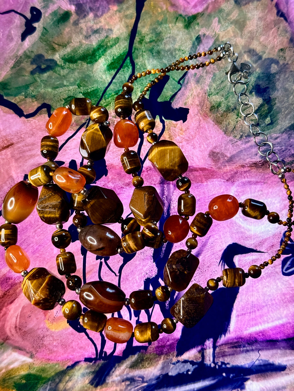 Vintage 90’s Tiger’s Eye,Carnelian & Sterling Silver Statement Necklace