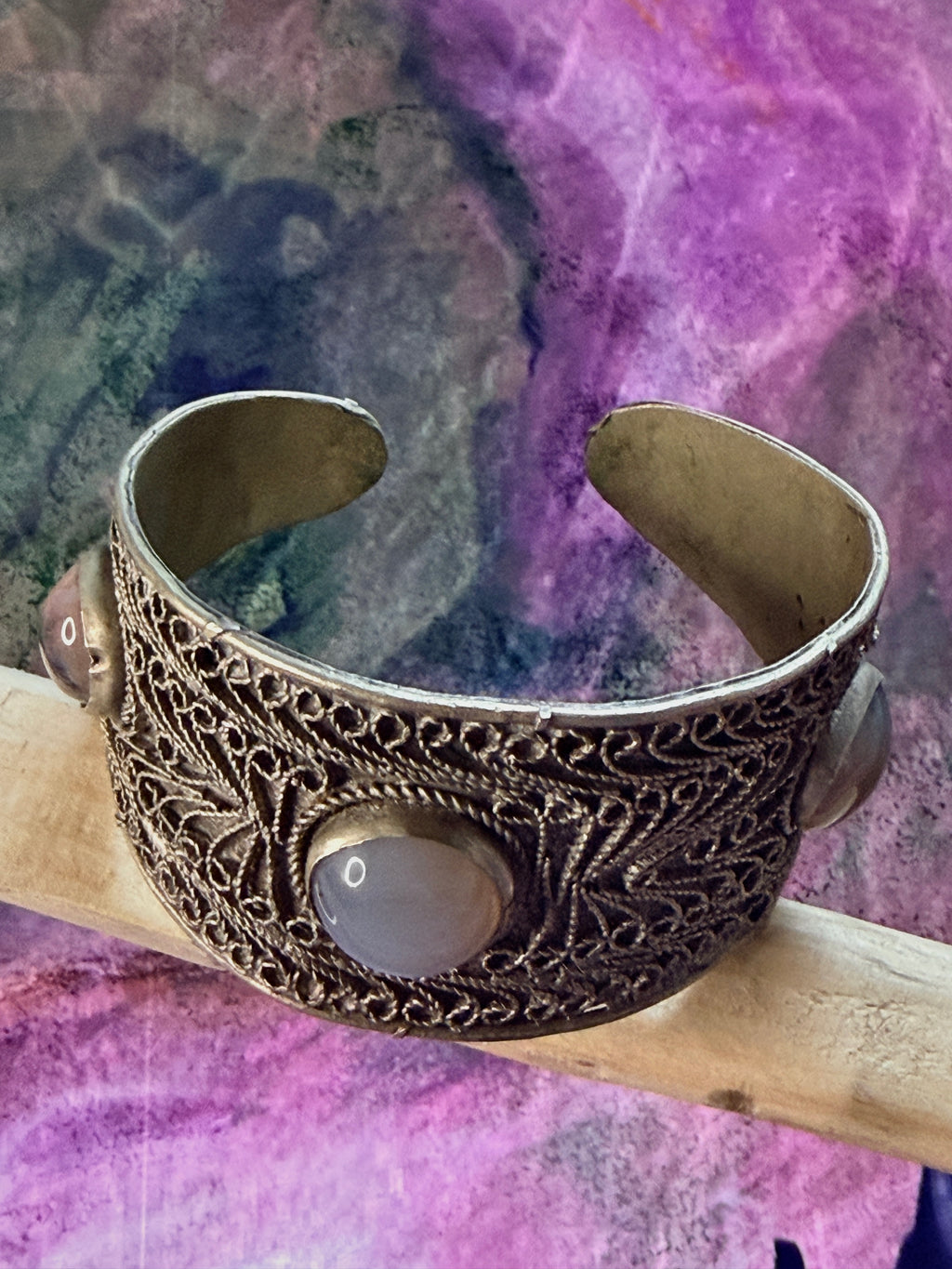 Vintage Yemeni Filigree Cuff Bracelet with Agate Stones
