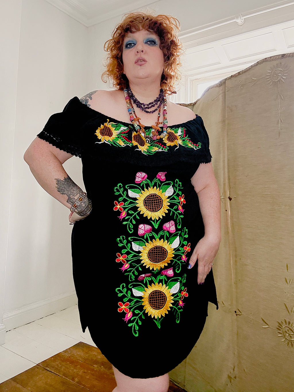 Vintage Sunflower Embroidered Mexican Dress