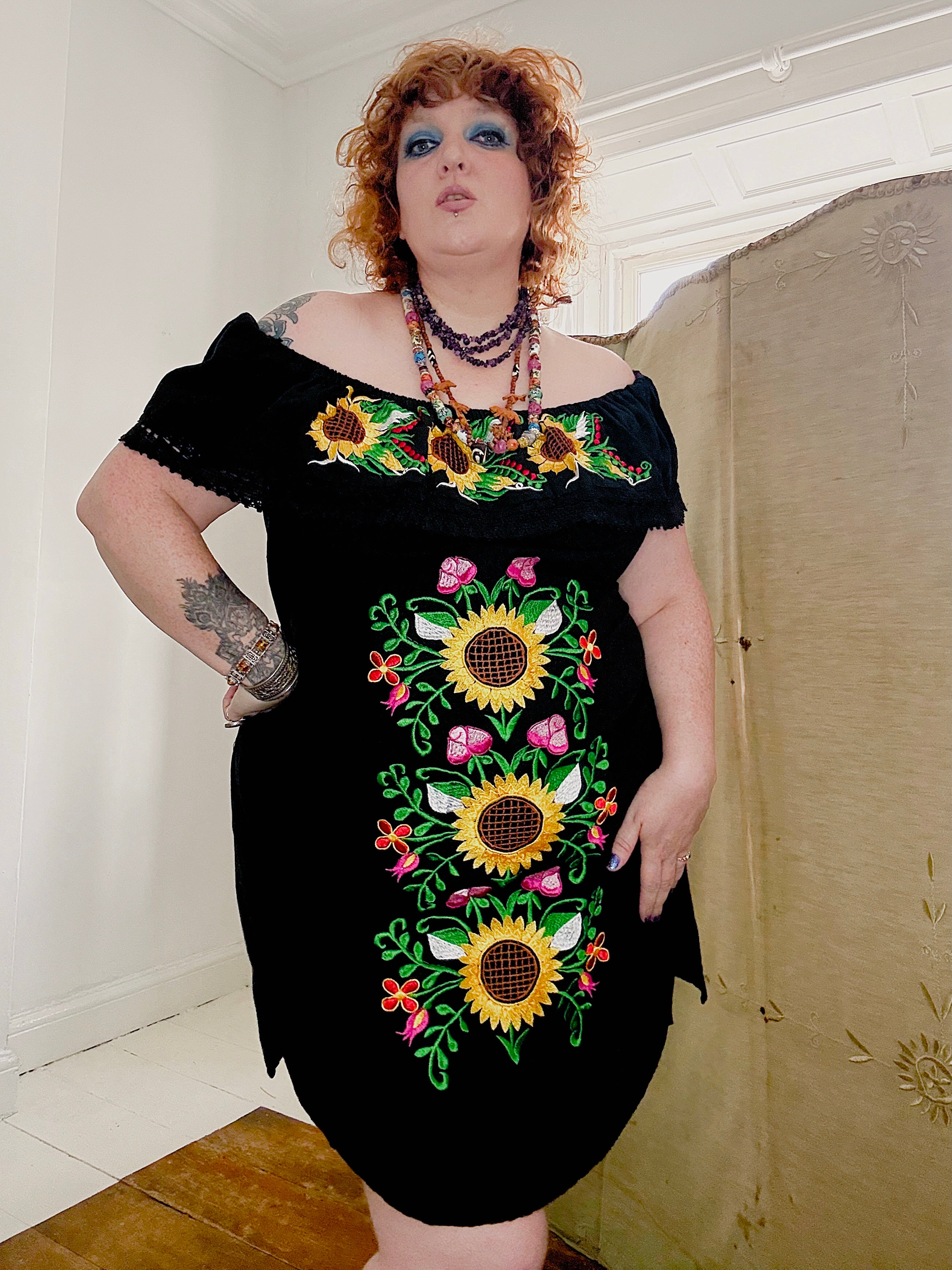 Vintage Sunflower Embroidered Mexican Dress