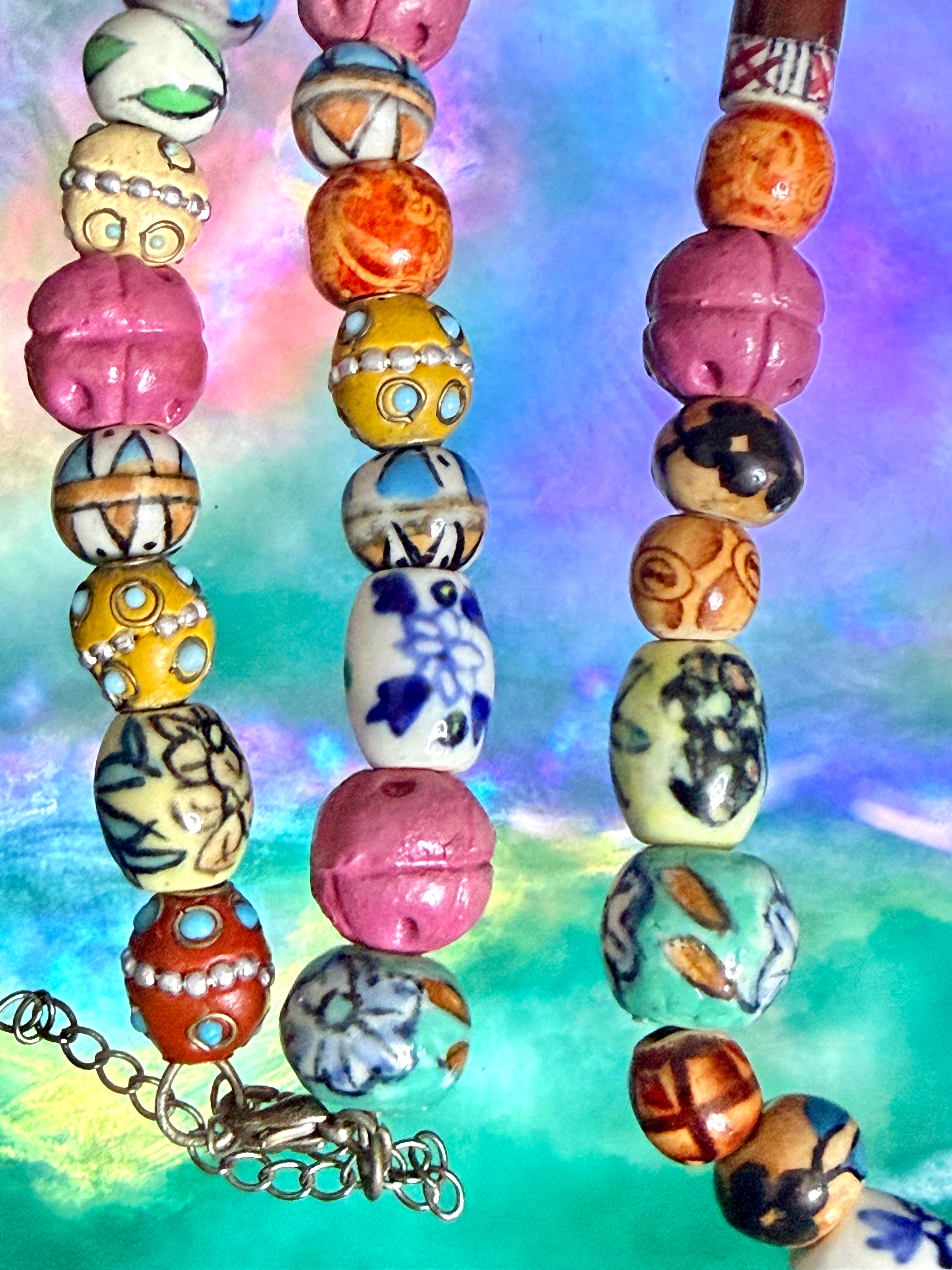 Vibrant HandPainted Ceramic & Wood Bead Statement Necklace