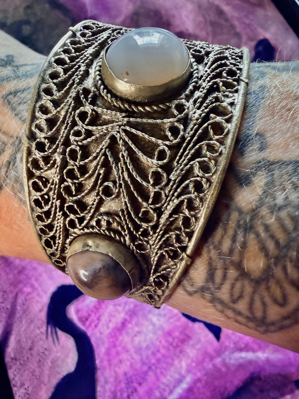 Vintage Yemeni Filigree Cuff Bracelet with Agate Stones