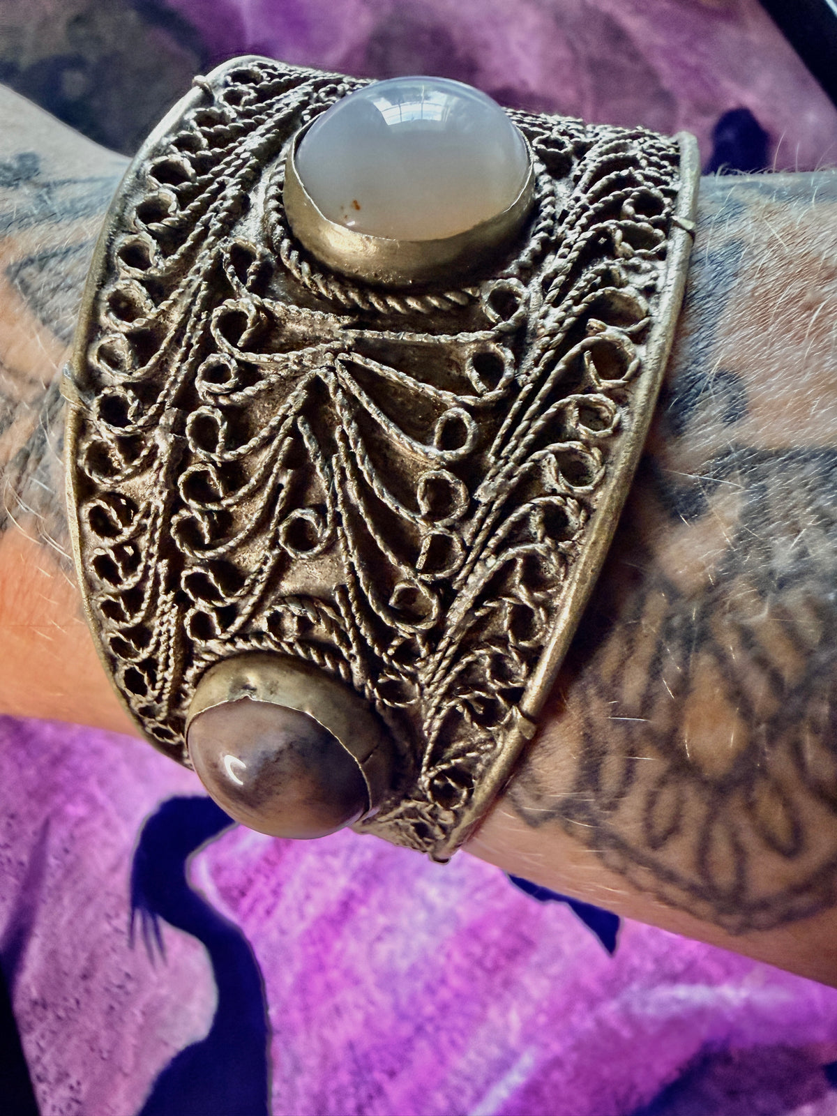 Vintage Yemeni Filigree Cuff Bracelet with Agate Stones