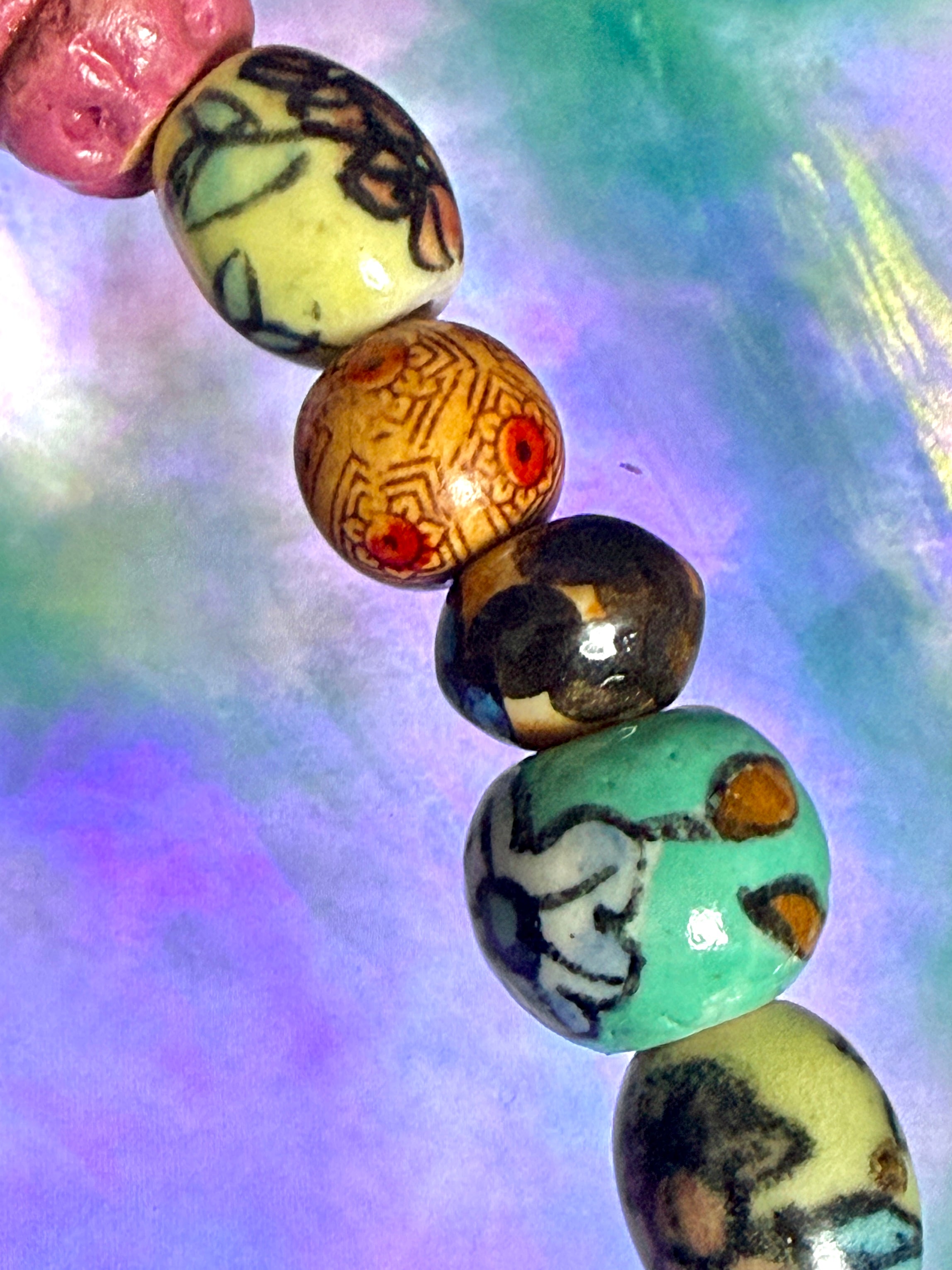 Vibrant HandPainted Ceramic & Wood Bead Statement Necklace