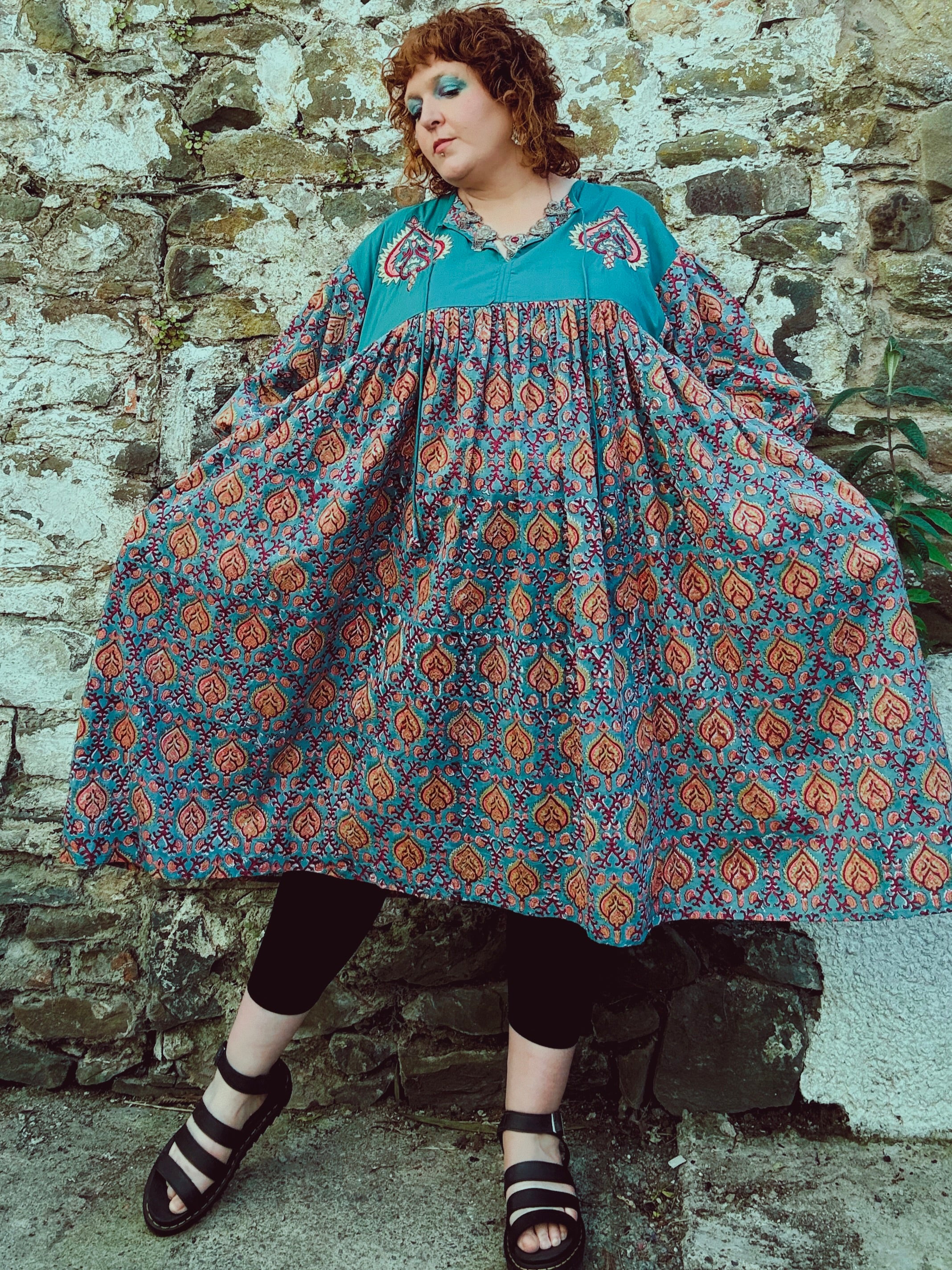 Heart Crafter Block Print & Embroidered Smock Dress