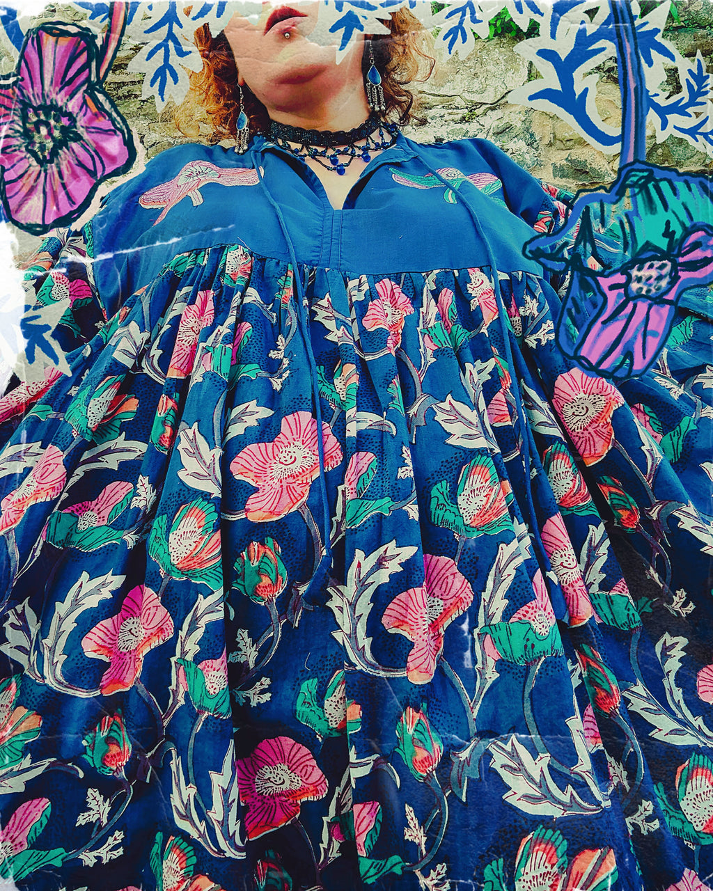 Flora Morphic Block Print & Embroidered Smock Dress