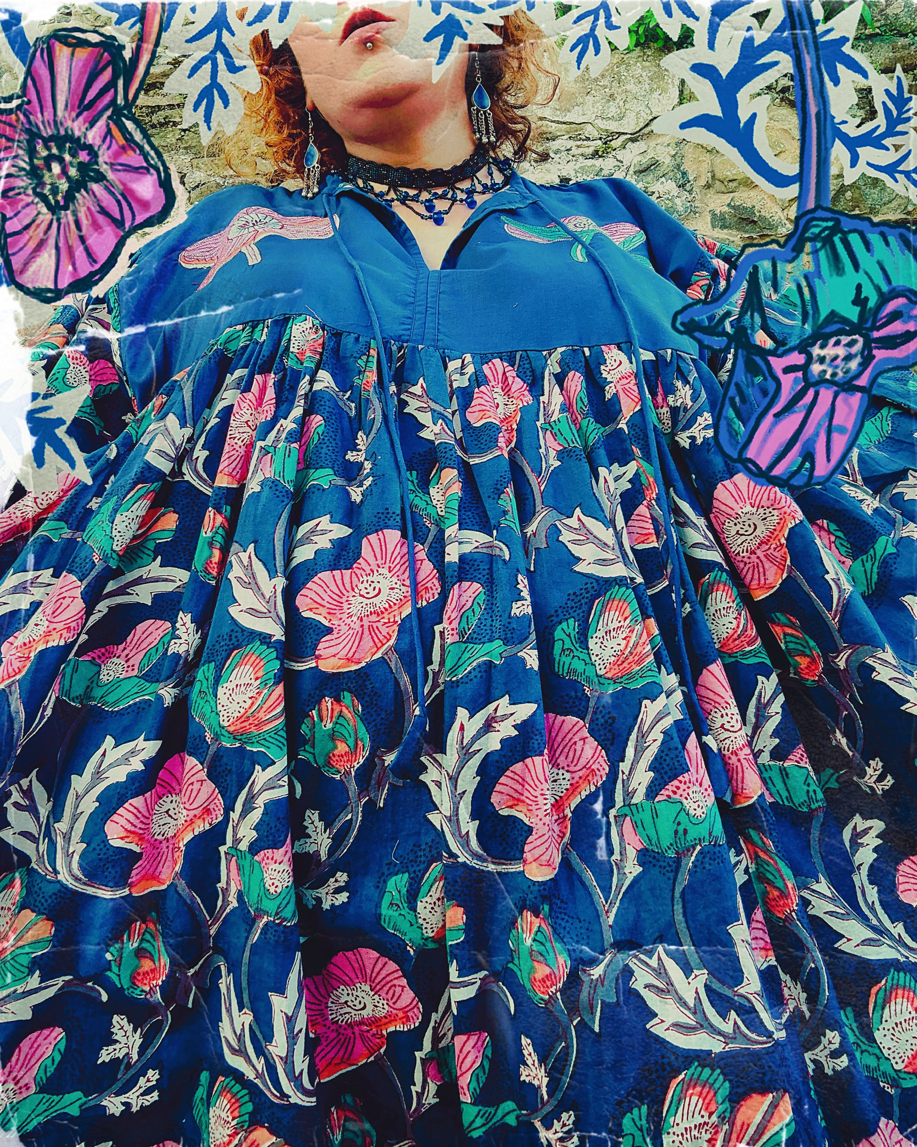 Flora Morphic Block Print & Embroidered Smock Dress