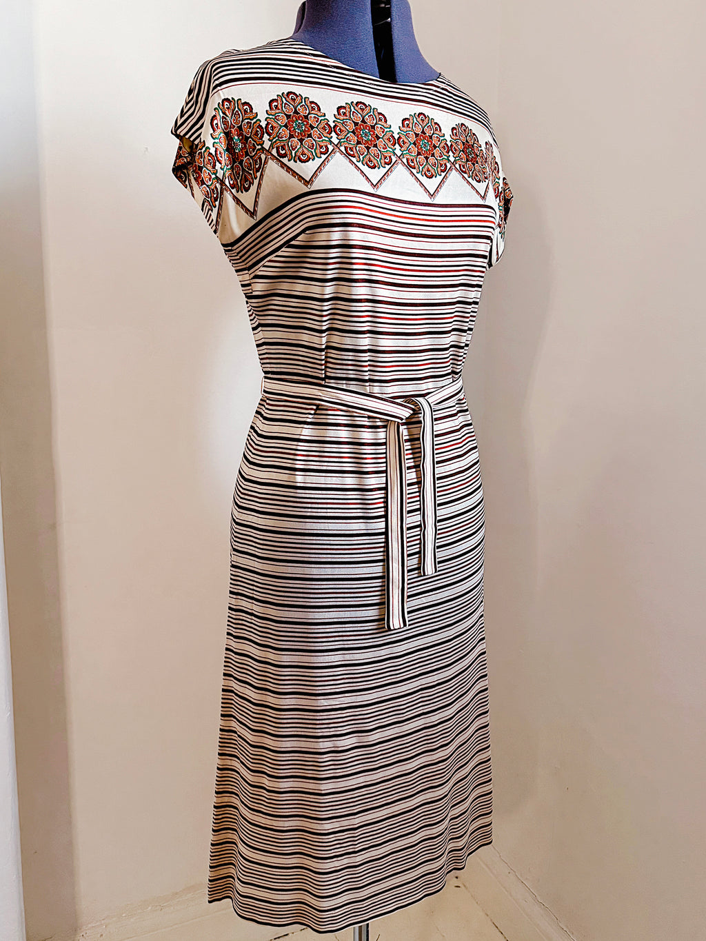 70s Ornate & Striped Midi Dress