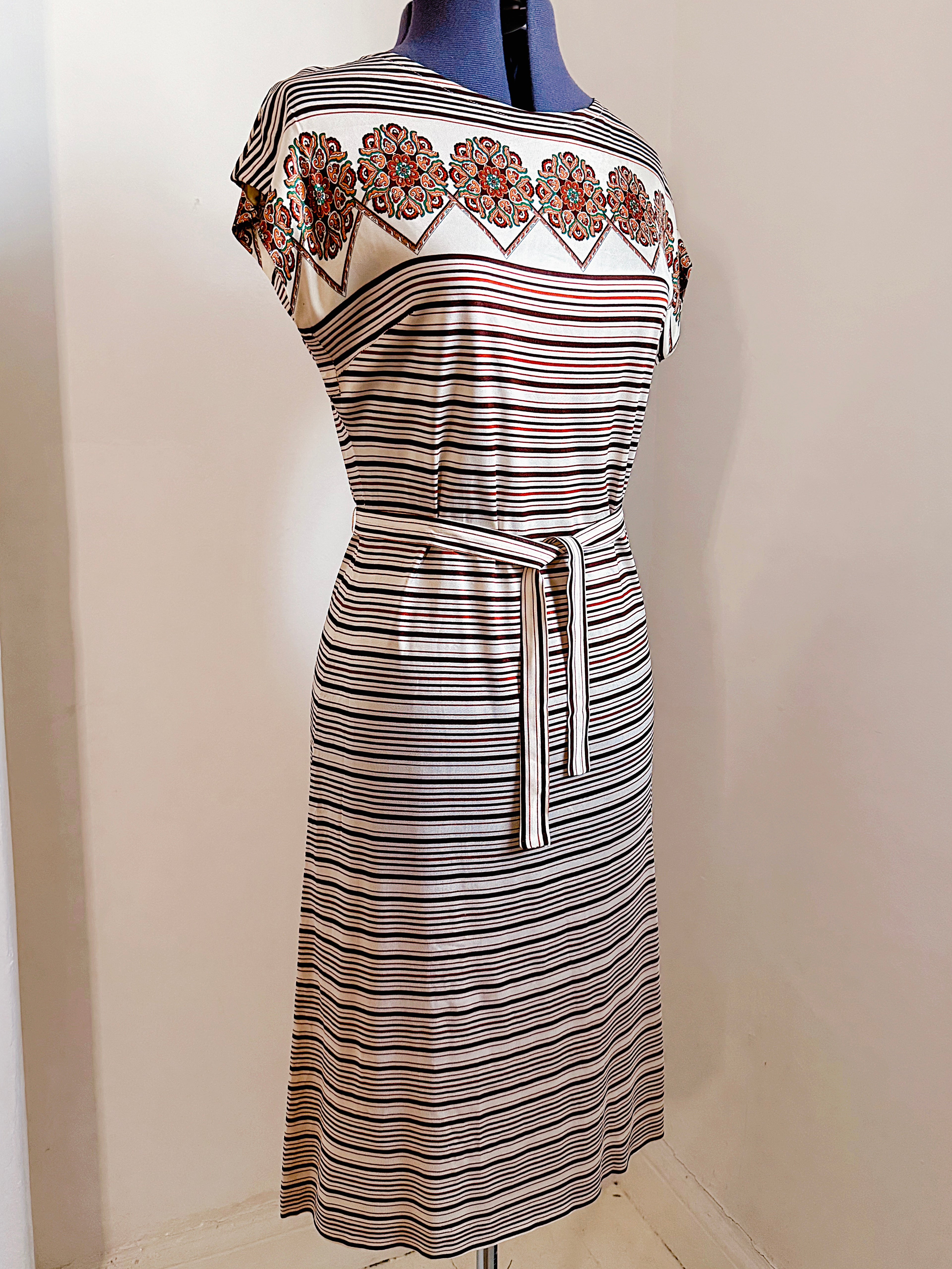 70s Ornate & Striped Midi Dress