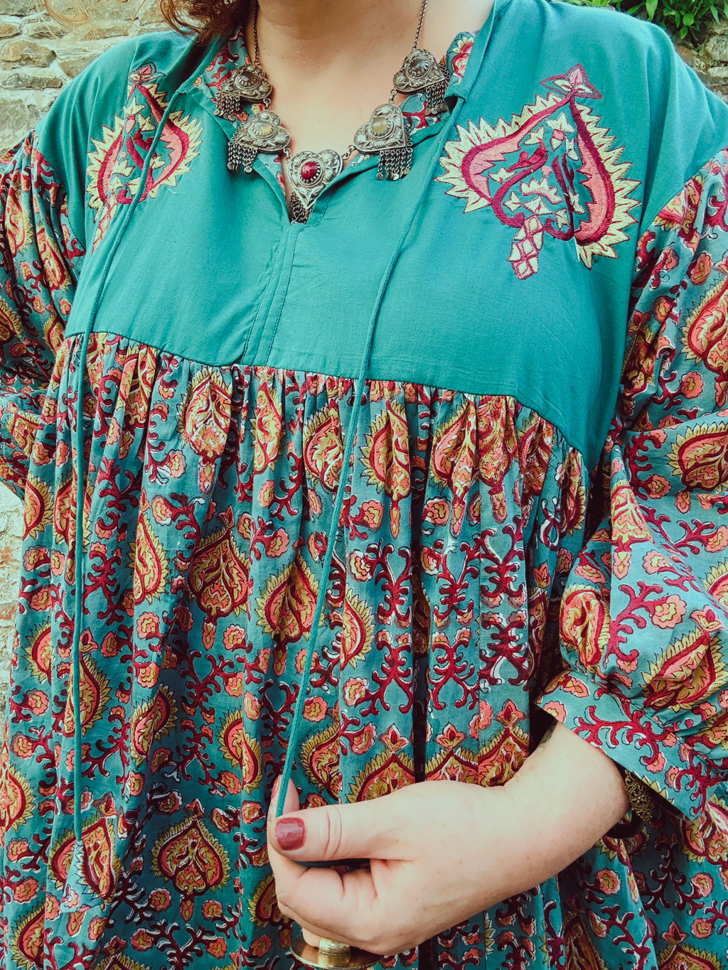 Heart Crafter Block Print & Embroidered Smock Dress