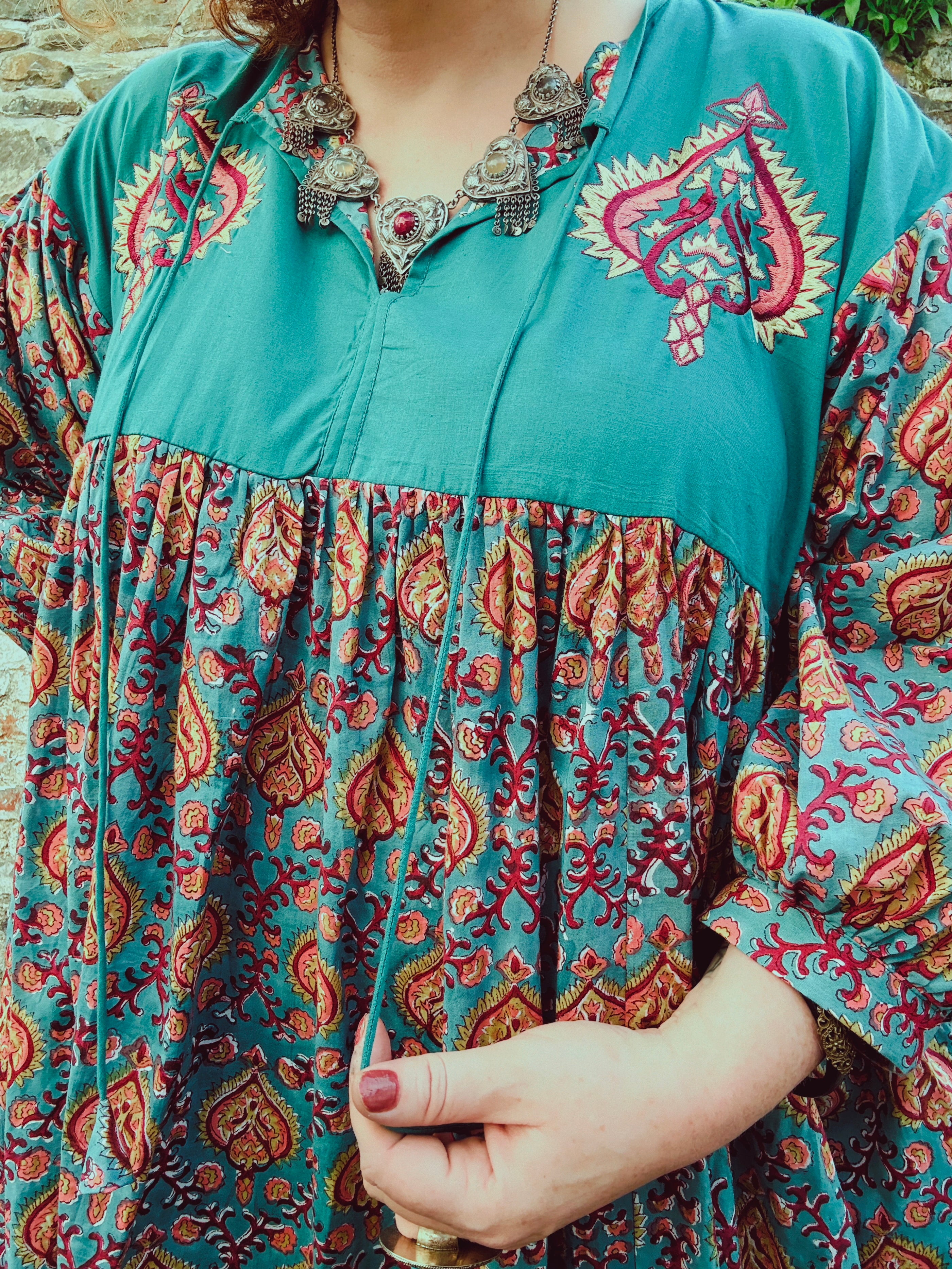 Heart Crafter Block Print & Embroidered Smock Dress