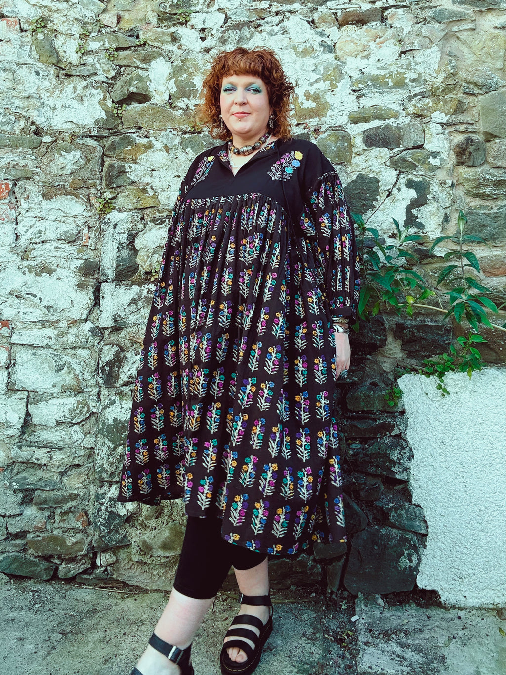 Dopamine Queen Block Print & Embroidered Smock Dress