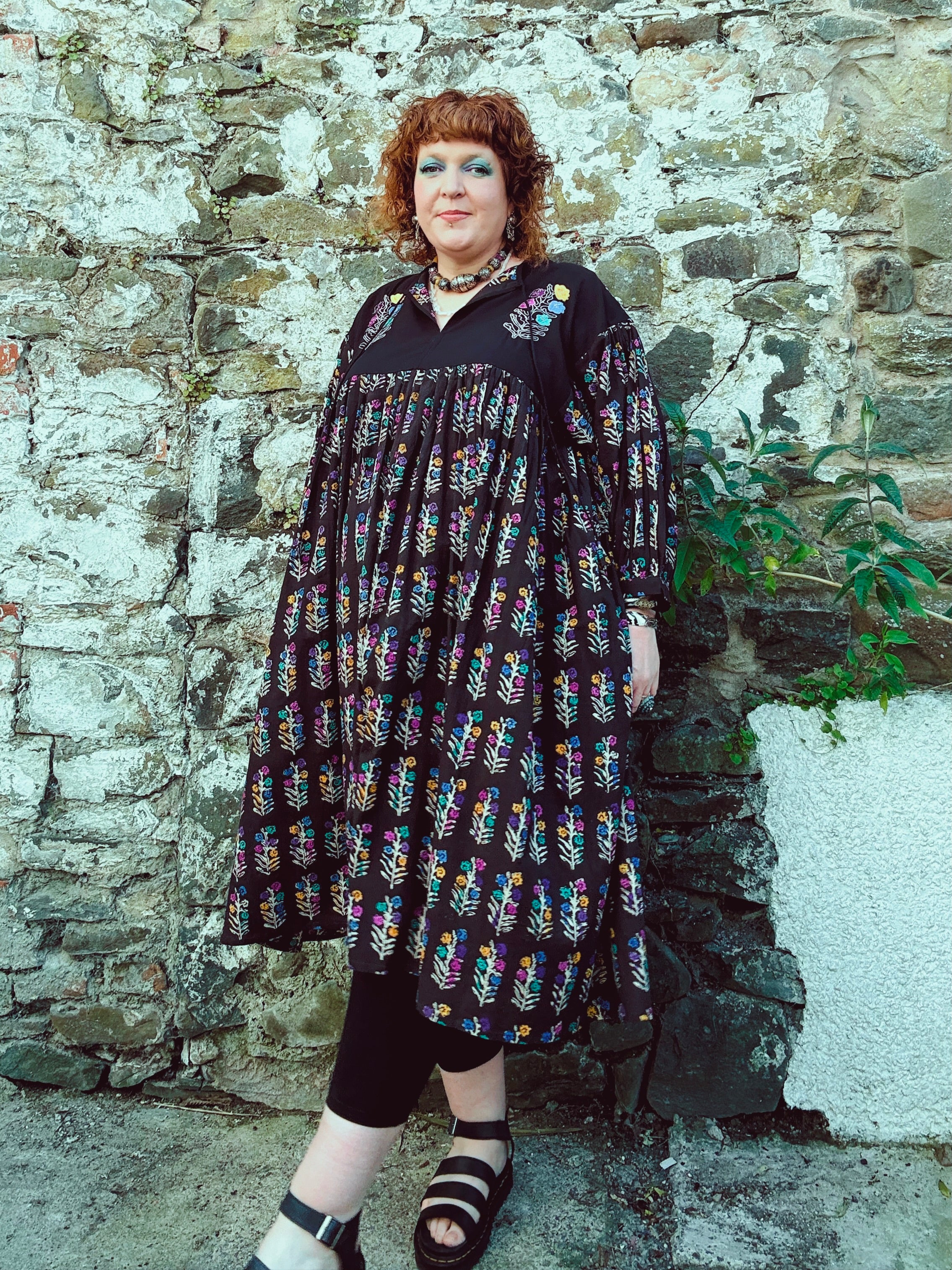 Dopamine Queen Block Print & Embroidered Smock Dress