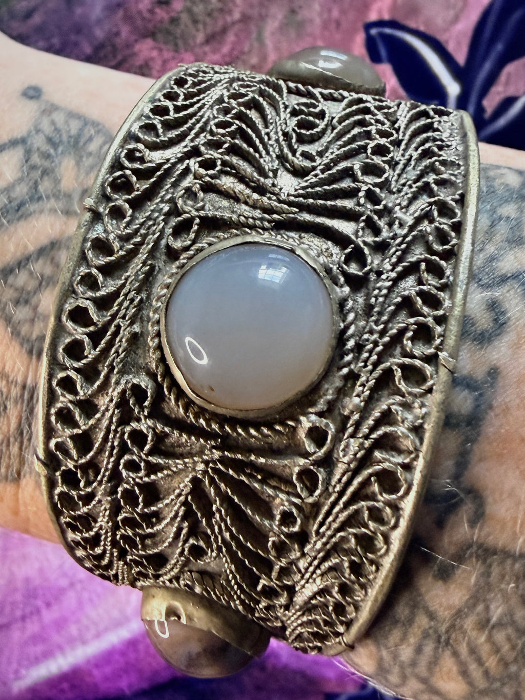 Vintage Yemeni Filigree Cuff Bracelet with Agate Stones