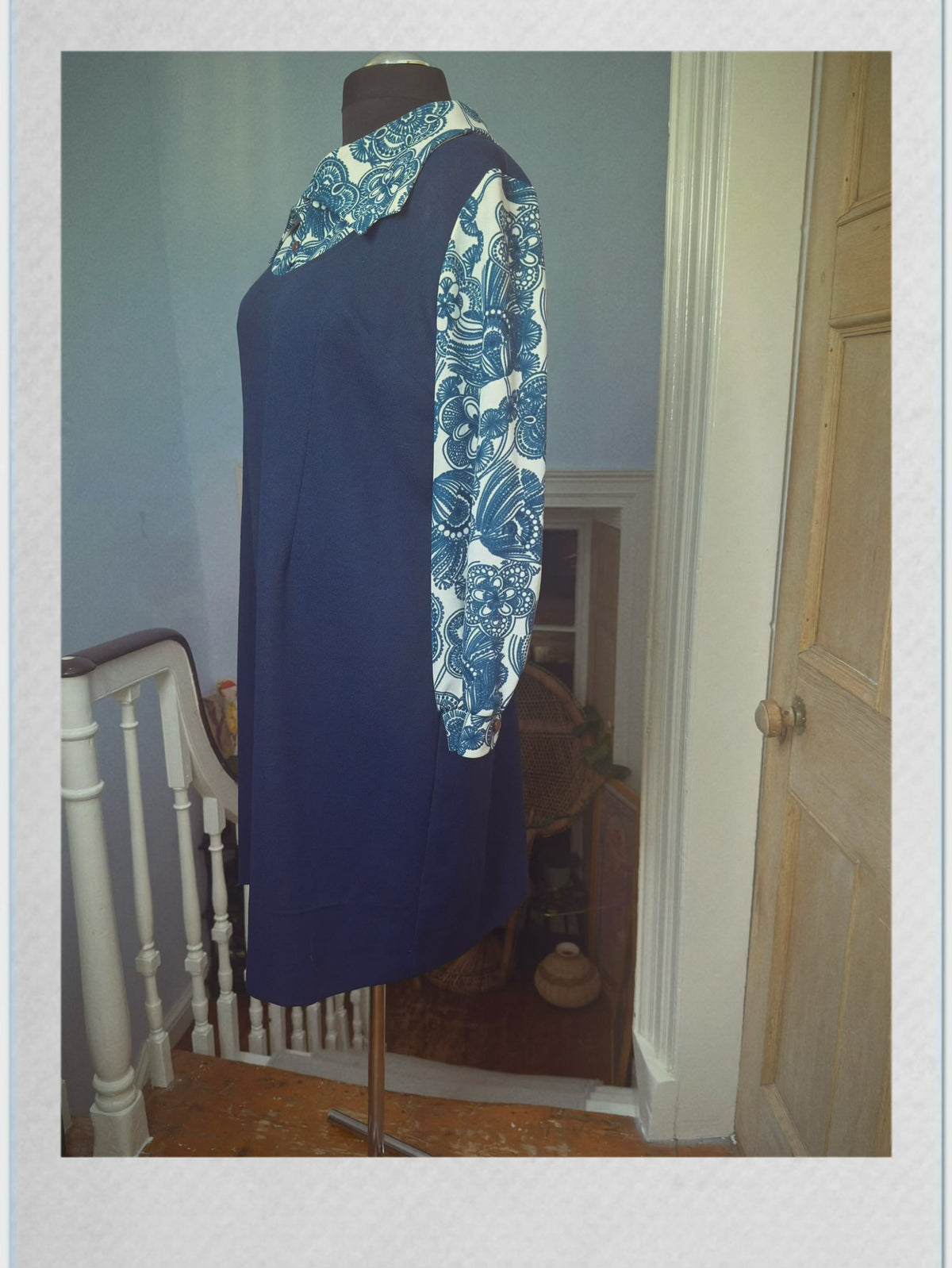 Vintage Crimplene Navy and Floral Dress